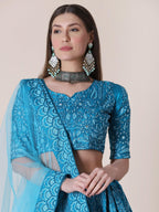 Jyoti Fashion Women's Sky Blue Taffeta Silk Thread Embroidered Designer Lehenga Choli Set | Grocsy