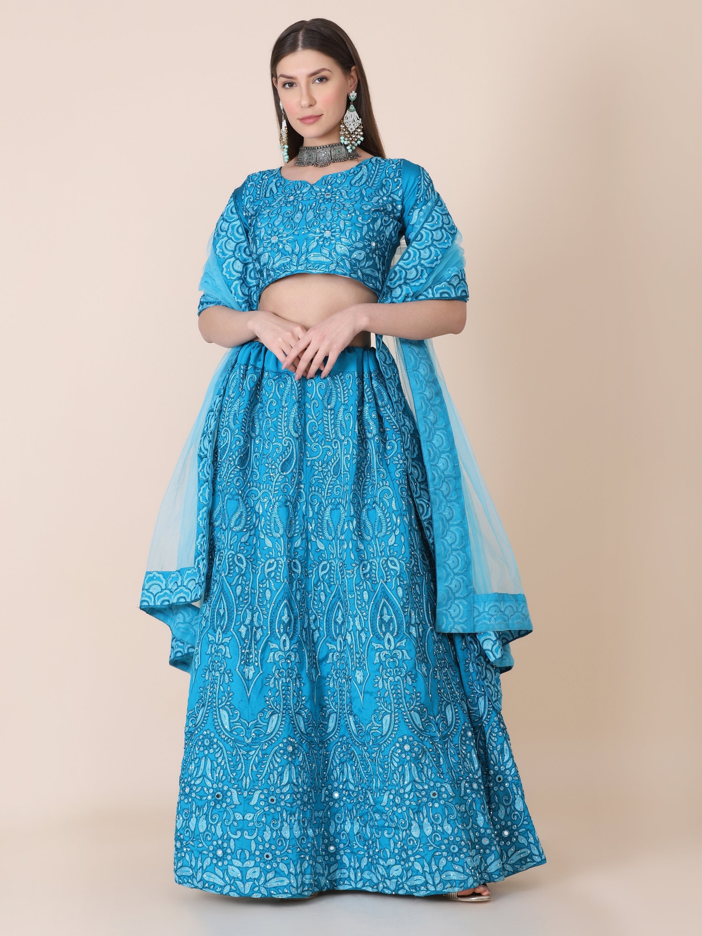 Jyoti Fashion Women's Sky Blue Taffeta Silk Thread Embroidered Designer Lehenga Choli Set | Grocsy