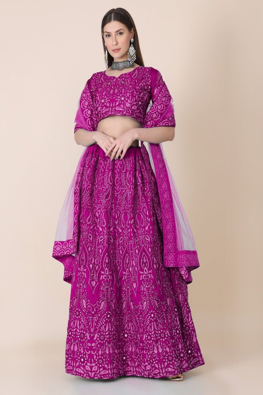 Jyoti Fashion Women's Purple Taffeta Silk Thread Embroidered Designer Lehenga Choli Set | Grocsy