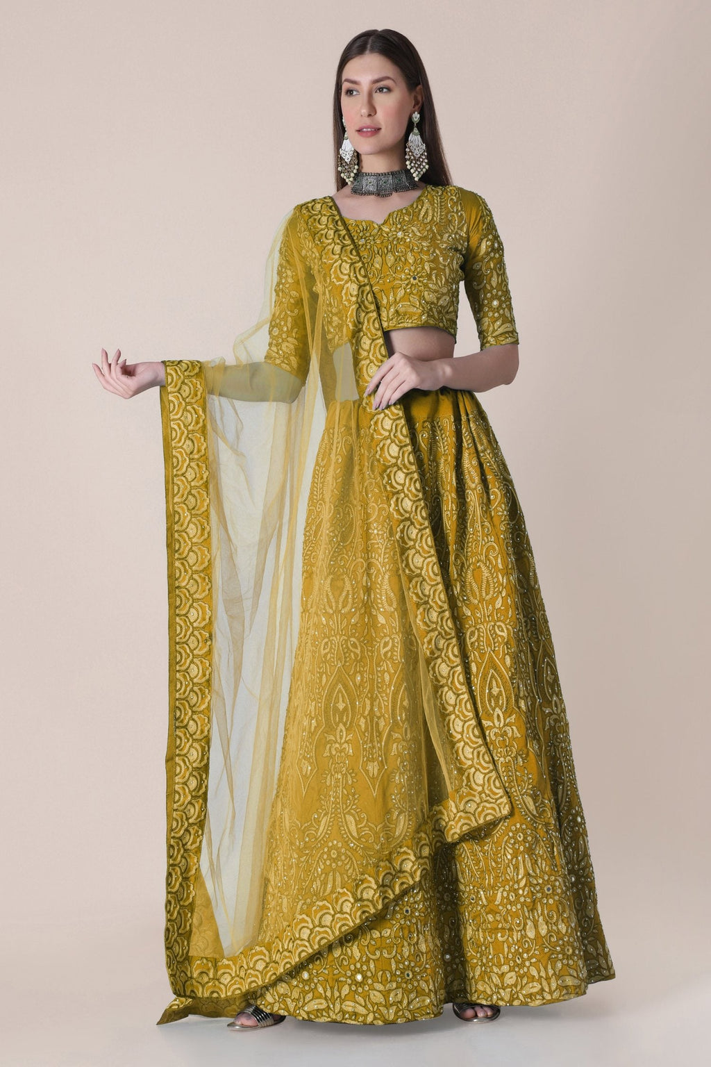 Jyoti Fashion Women's Mustard Taffeta Silk Thread Embroidered Designer Lehenga Choli Set | Grocsy