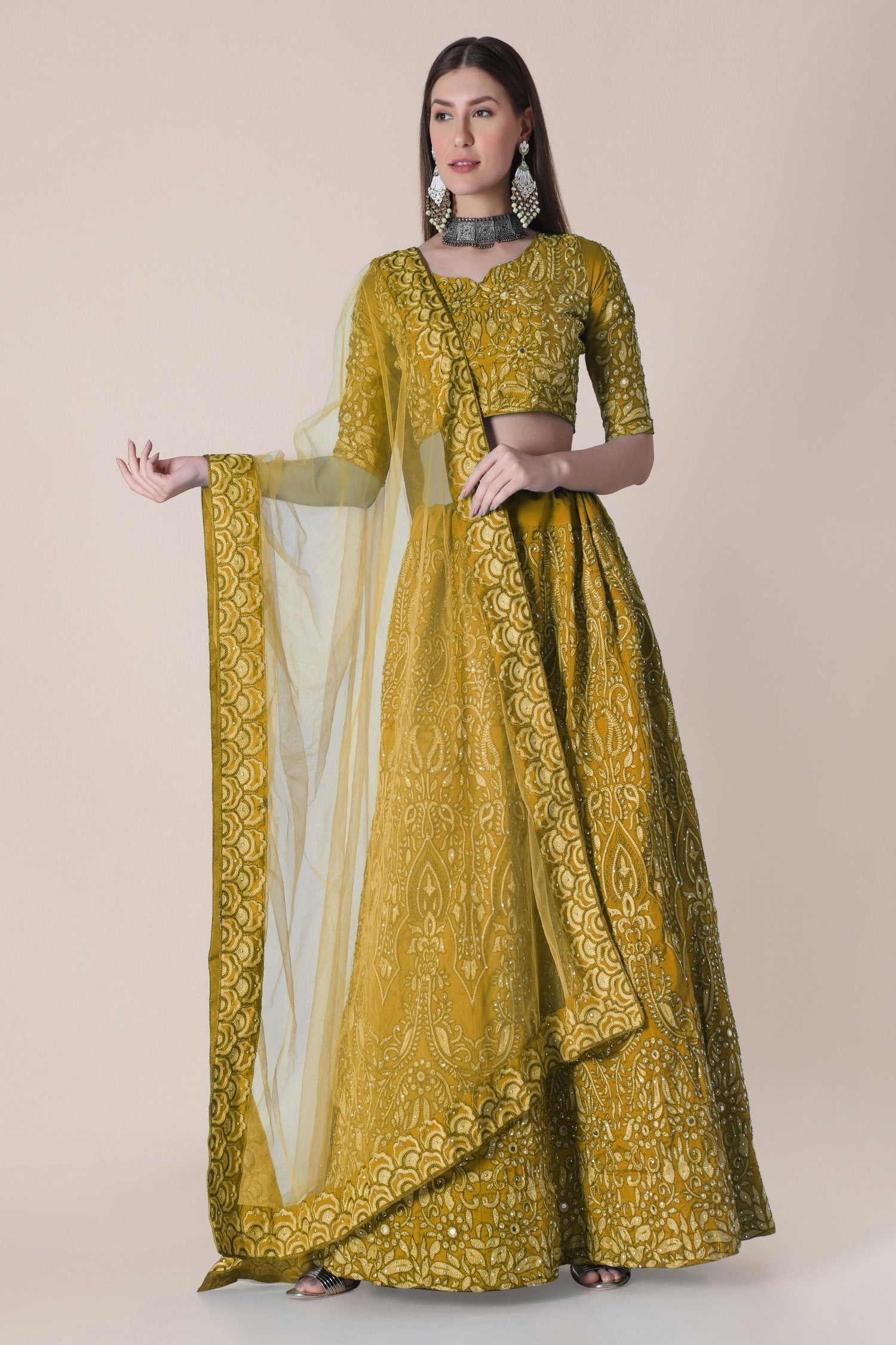 Jyoti Fashion Women's Mustard Taffeta Silk Thread Embroidered Designer Lehenga Choli Set | Grocsy