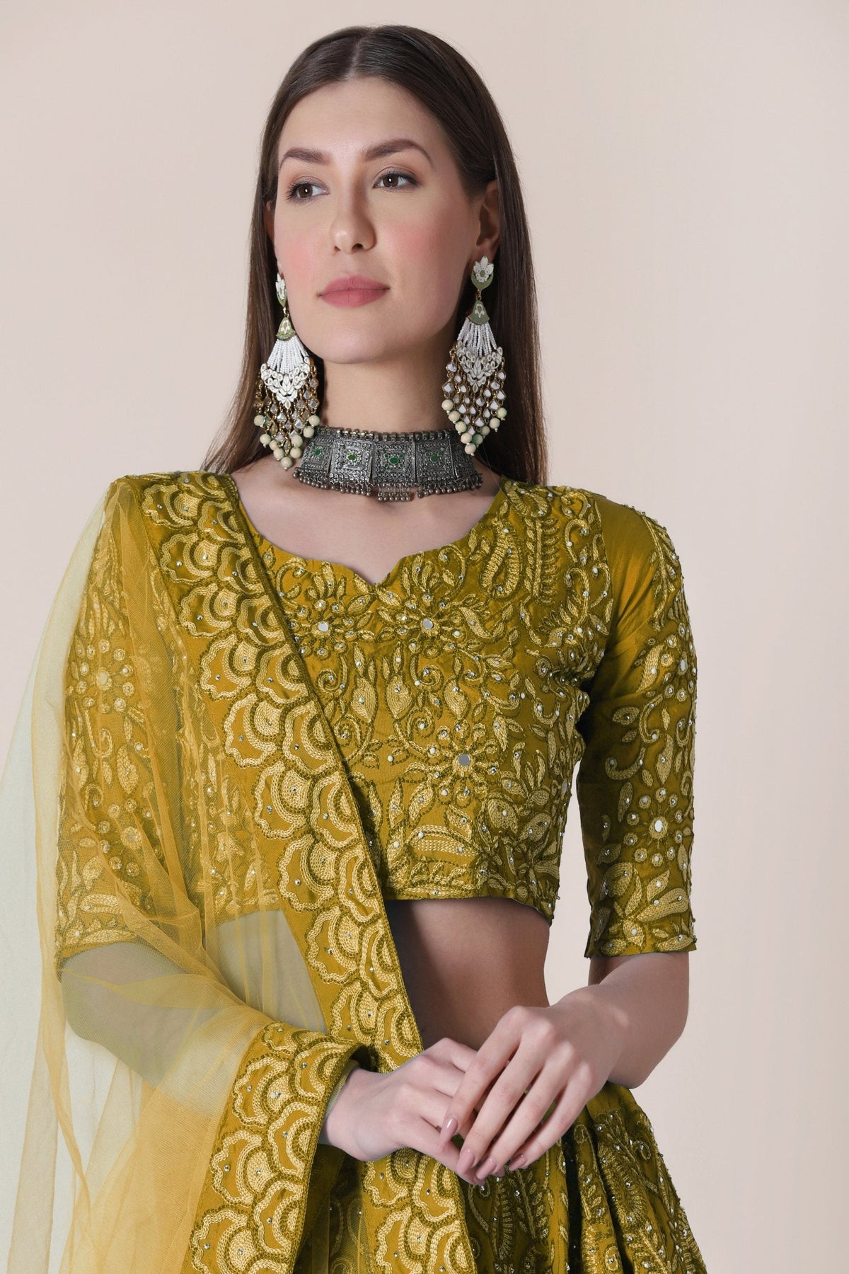 Jyoti Fashion Women's Mustard Taffeta Silk Thread Embroidered Designer Lehenga Choli Set | Grocsy