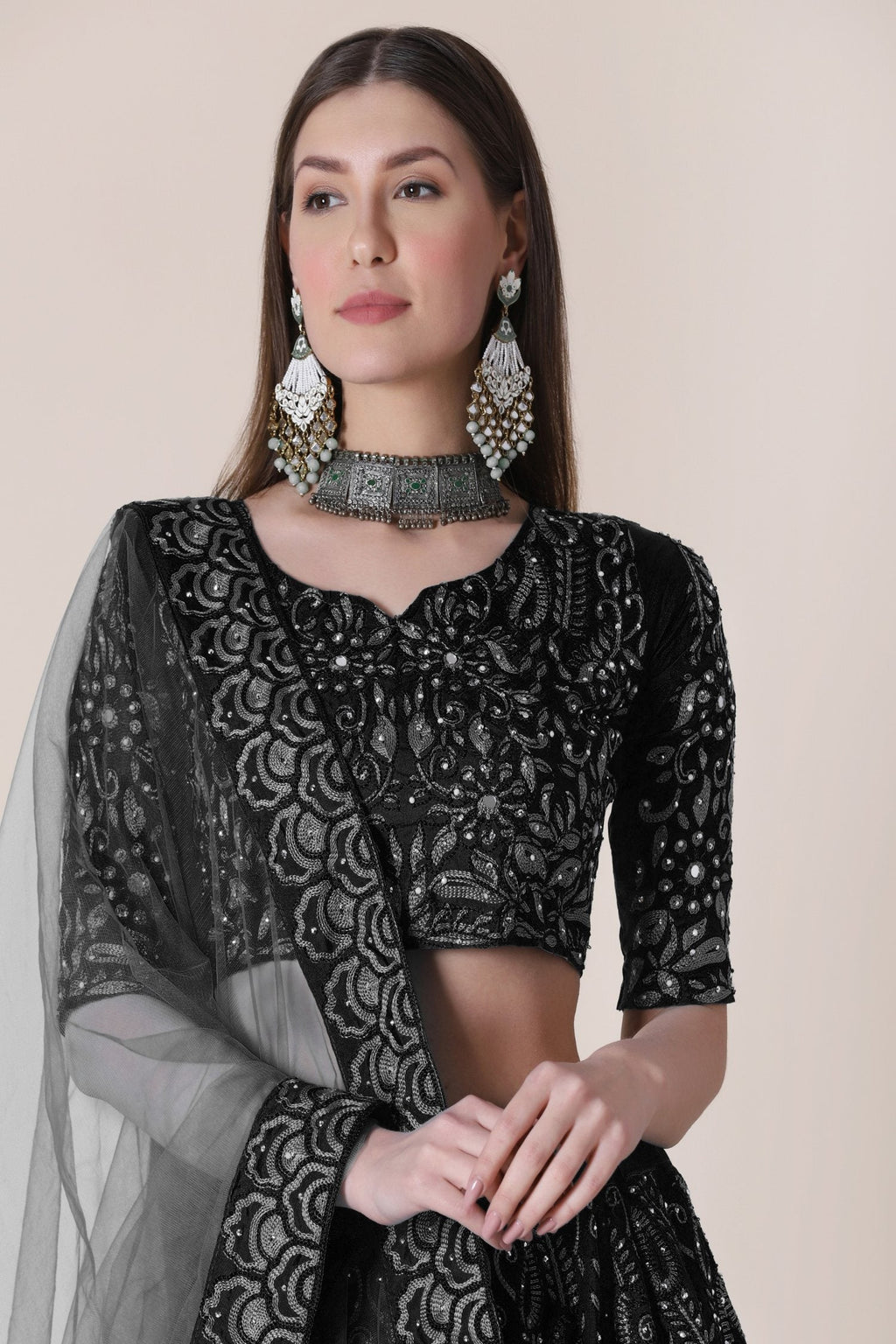 Jyoti Fashion Women's Black Taffeta Silk Thread Embroidered Designer Lehenga Choli Set | Grocsy