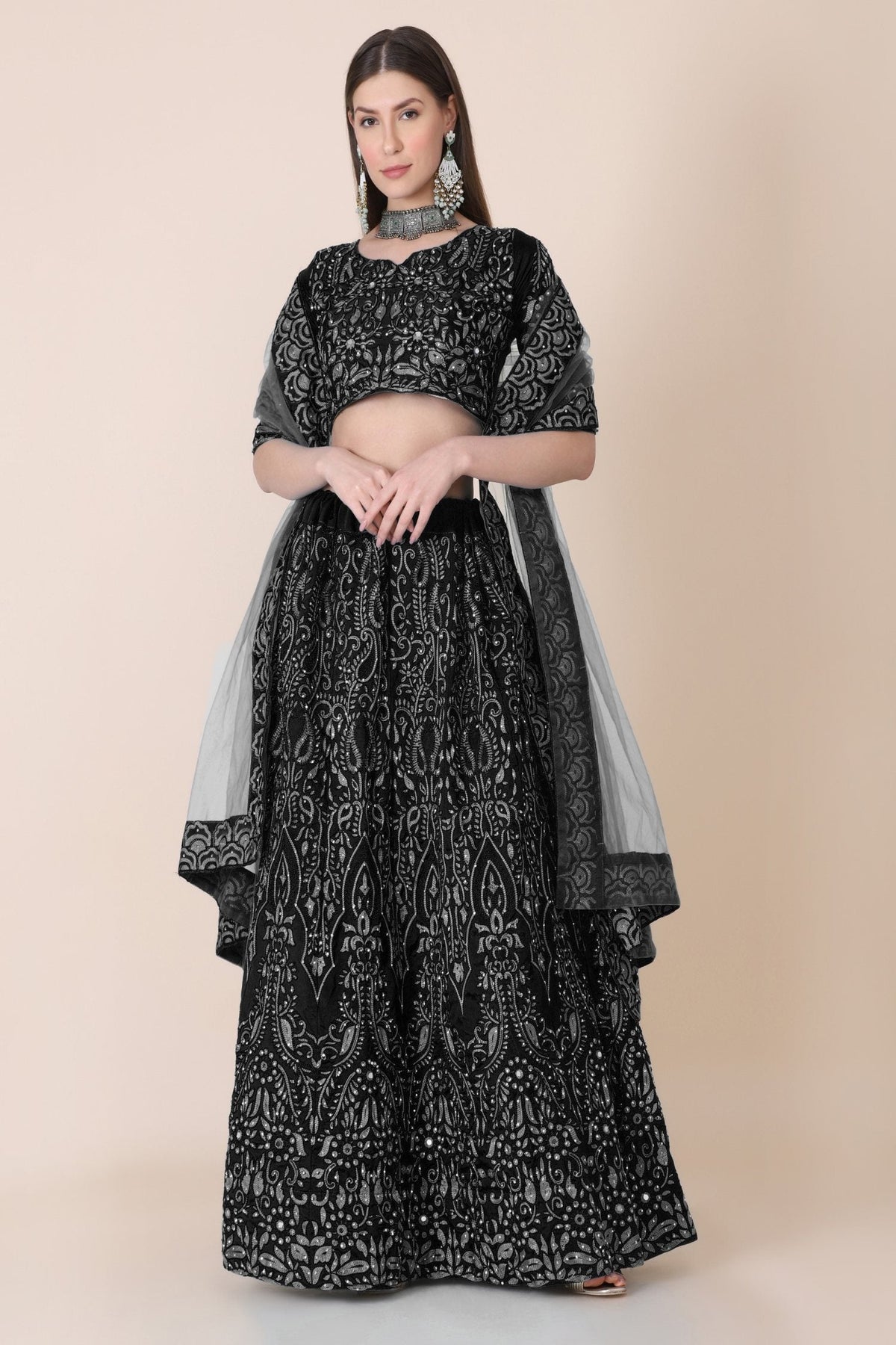 Jyoti Fashion Women's Black Taffeta Silk Thread Embroidered Designer Lehenga Choli Set | Grocsy