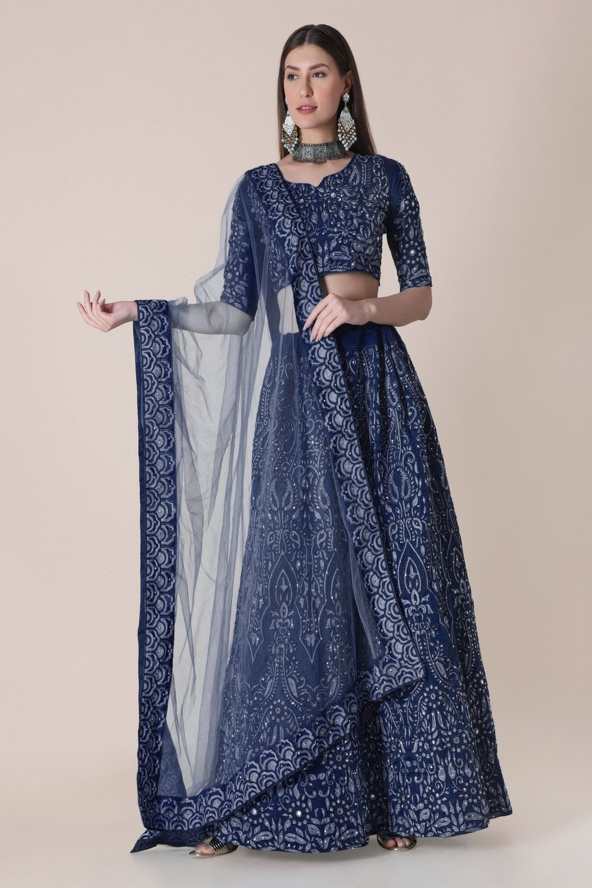 Jyoti Fashion Women's Navy Blue Taffeta Silk Thread Embroidered Designer Lehenga Choli Set | Grocsy