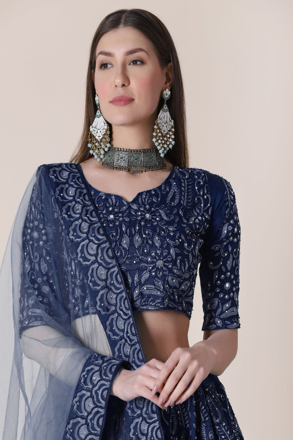 Jyoti Fashion Women's Navy Blue Taffeta Silk Thread Embroidered Designer Lehenga Choli Set | Grocsy