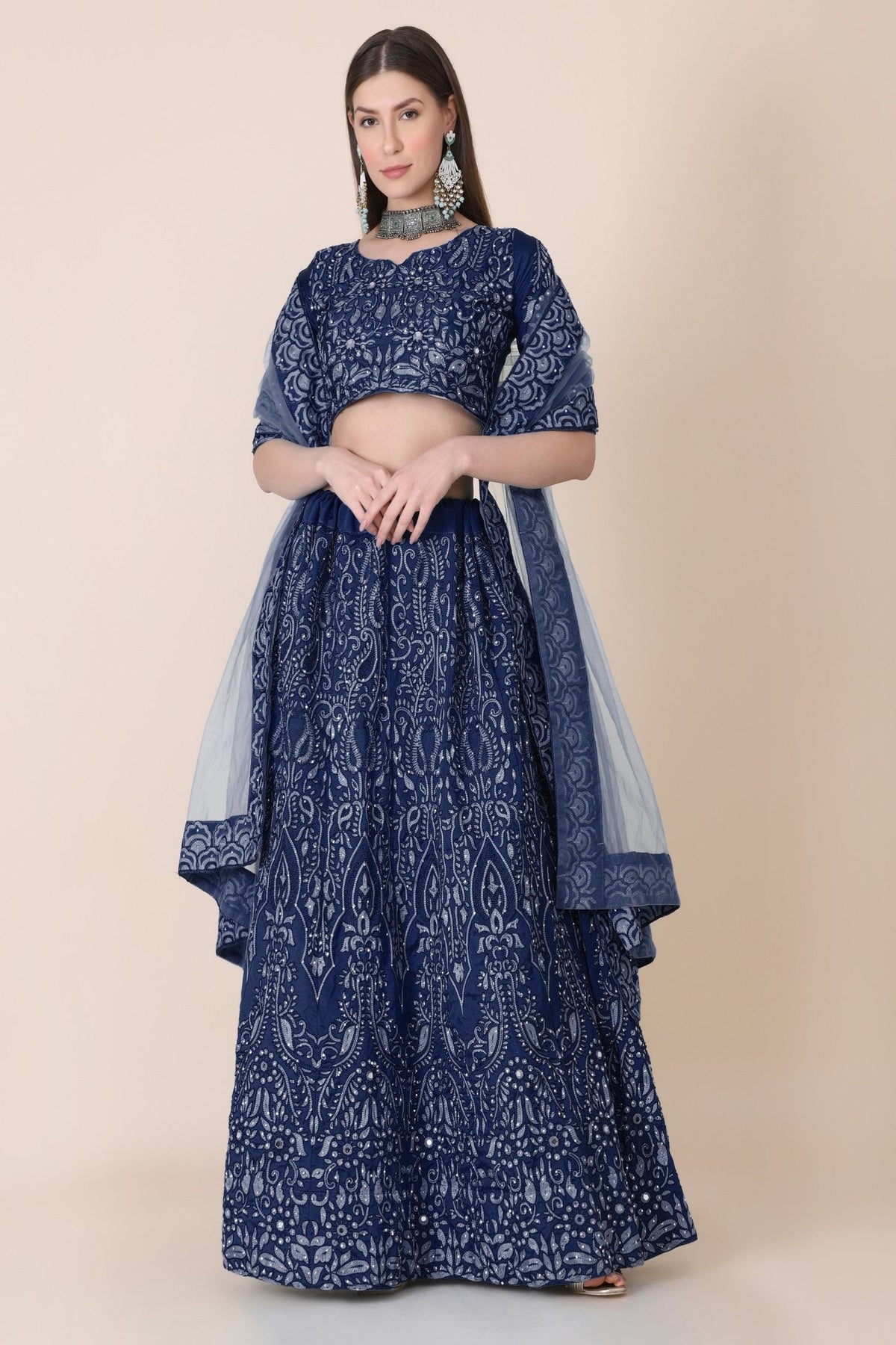 Jyoti Fashion Women's Navy Blue Taffeta Silk Thread Embroidered Designer Lehenga Choli Set | Grocsy