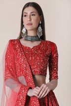 Jyoti Fashion Women's Red Taffeta Silk Thread Embroidered Designer Lehenga Choli Set | Grocsy