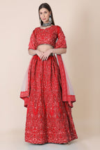 Jyoti Fashion Women's Red Taffeta Silk Thread Embroidered Designer Lehenga Choli Set | Grocsy