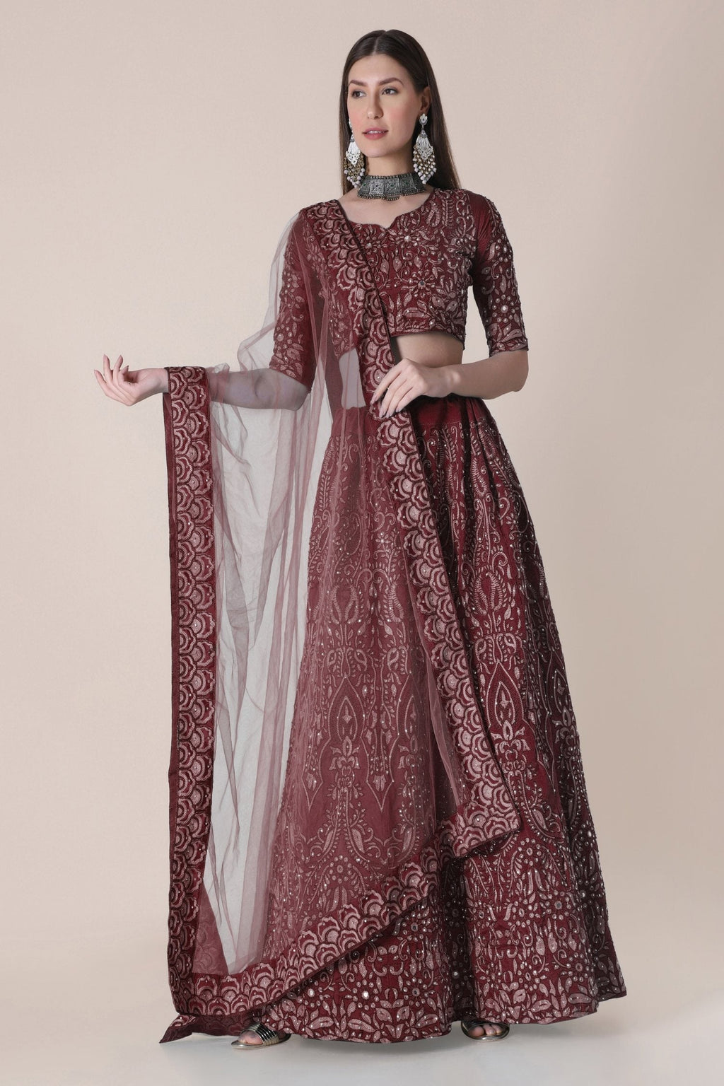 Jyoti Fashion Women's Maroon Taffeta Silk Thread Embroidered Designer Lehenga Choli Set | Grocsy