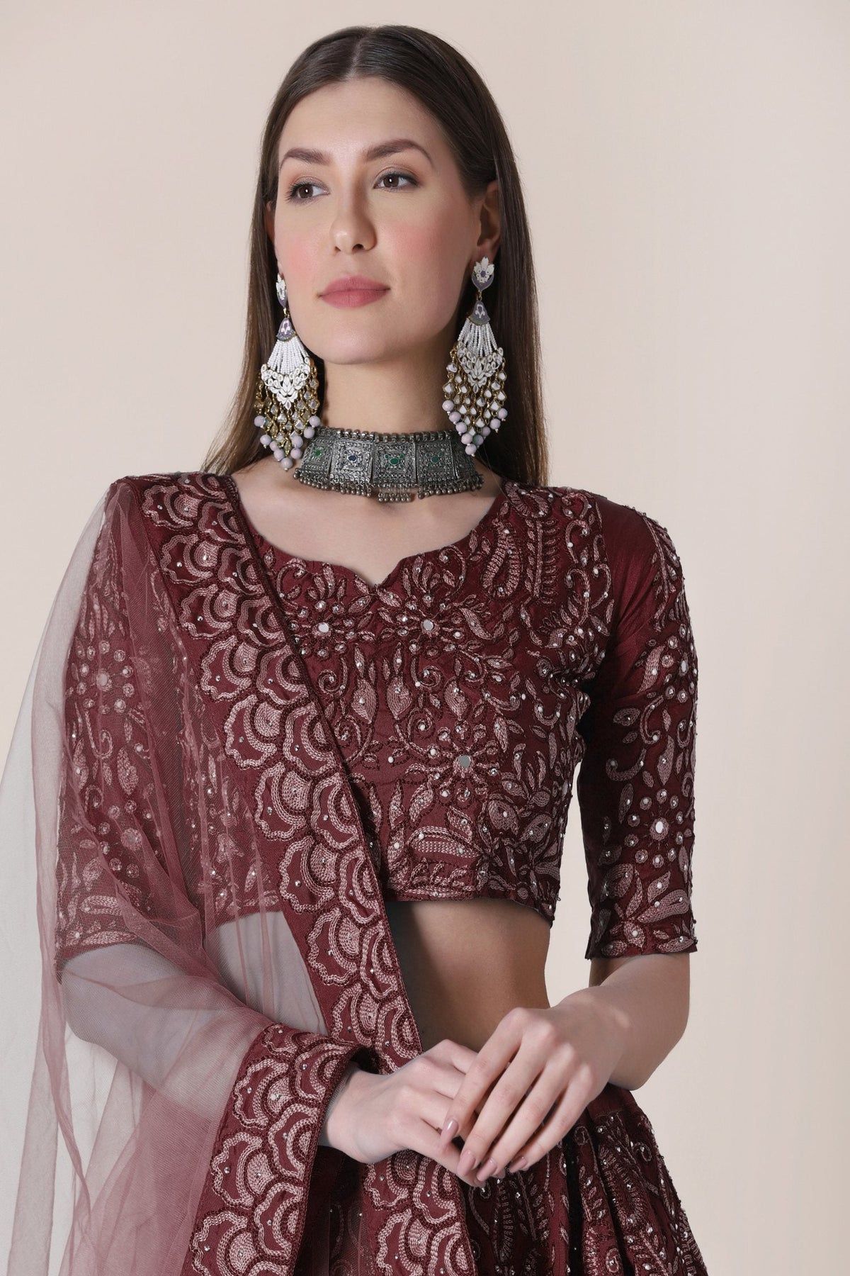 Jyoti Fashion Women's Maroon Taffeta Silk Thread Embroidered Designer Lehenga Choli Set | Grocsy