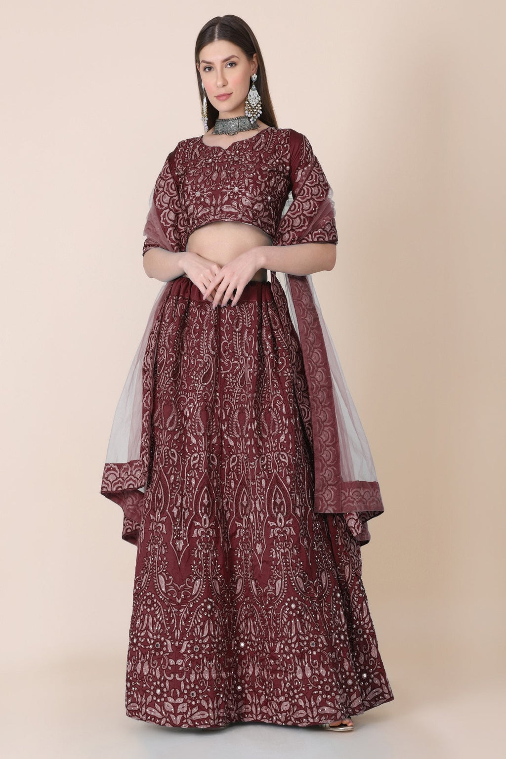 Jyoti Fashion Women's Maroon Taffeta Silk Thread Embroidered Designer Lehenga Choli Set | Grocsy
