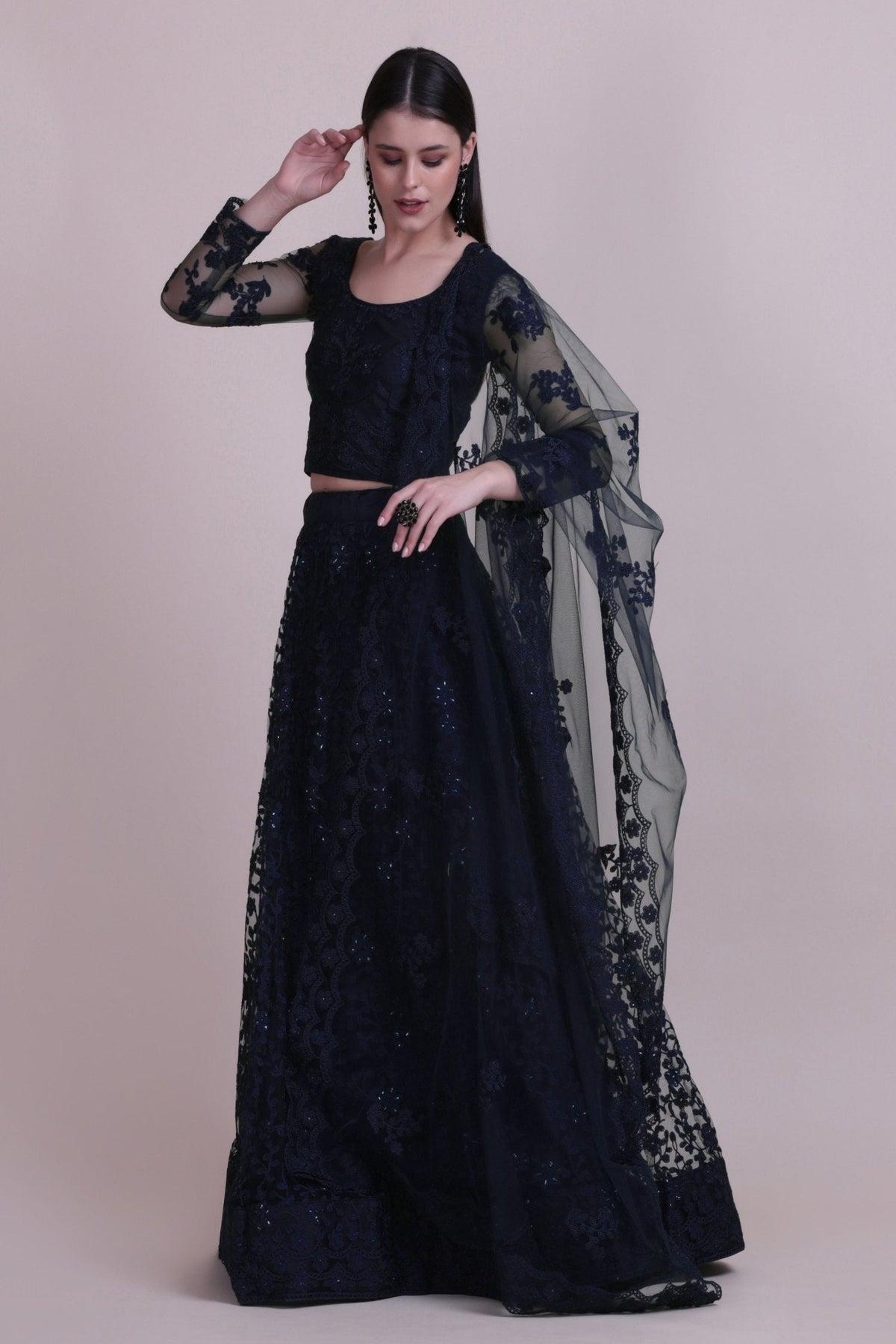 Jyoti Fashion Women's Navy Blue Net Thread Embroidered Designer Lehenga Choli Set | Grocsy