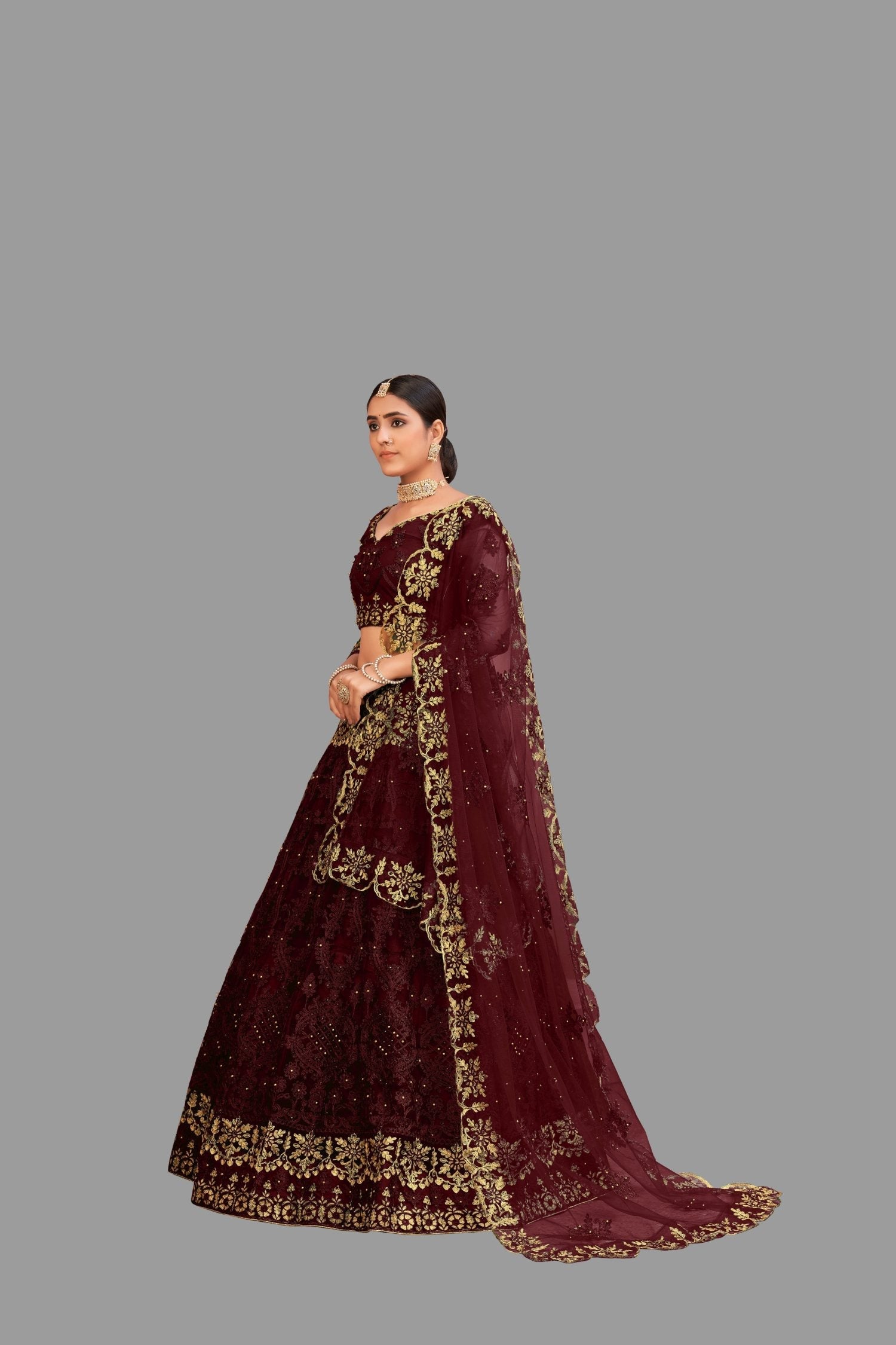 Jyoti Fashion Women's Maroon Net Thread Embroidered Designer Lehenga Choli Set | Grocsy