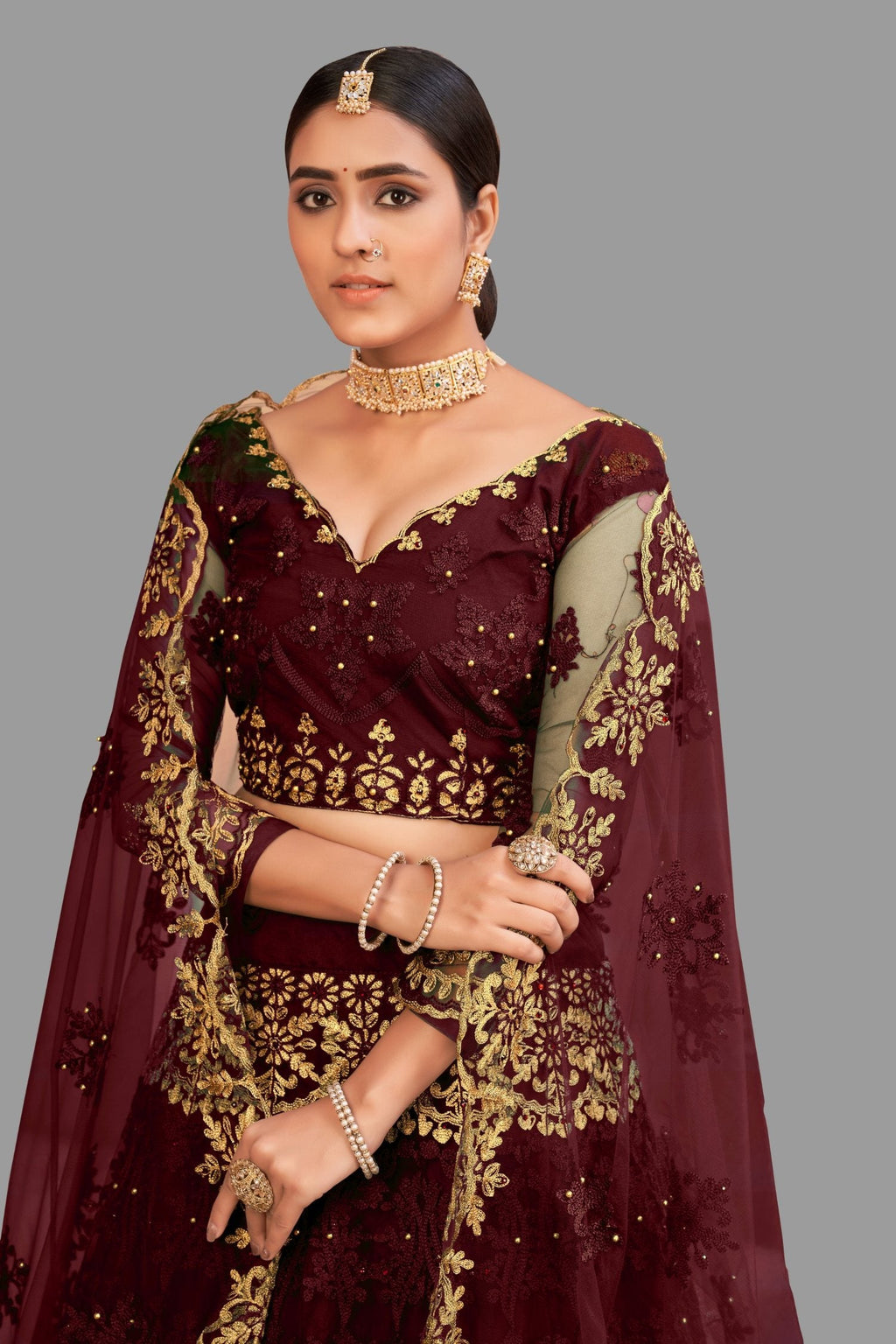 Jyoti Fashion Women's Maroon Net Thread Embroidered Designer Lehenga Choli Set | Grocsy