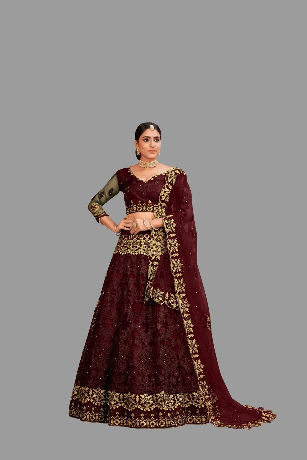 Jyoti Fashion Women's Maroon Net Thread Embroidered Designer Lehenga Choli Set | Grocsy