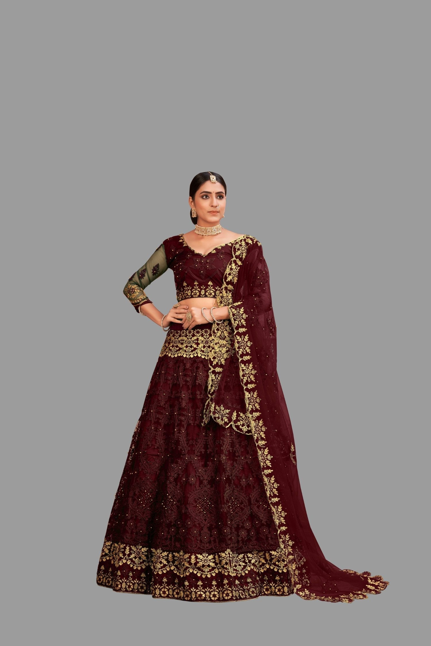 Jyoti Fashion Women's Maroon Net Thread Embroidered Designer Lehenga Choli Set | Grocsy