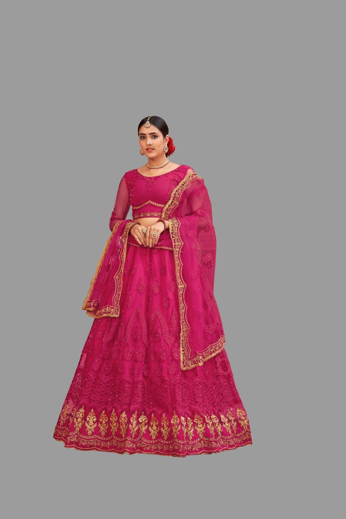 Jyoti Fashion Women's Pink Net Thread Embroidered Designer Lehenga Choli Set | Grocsy