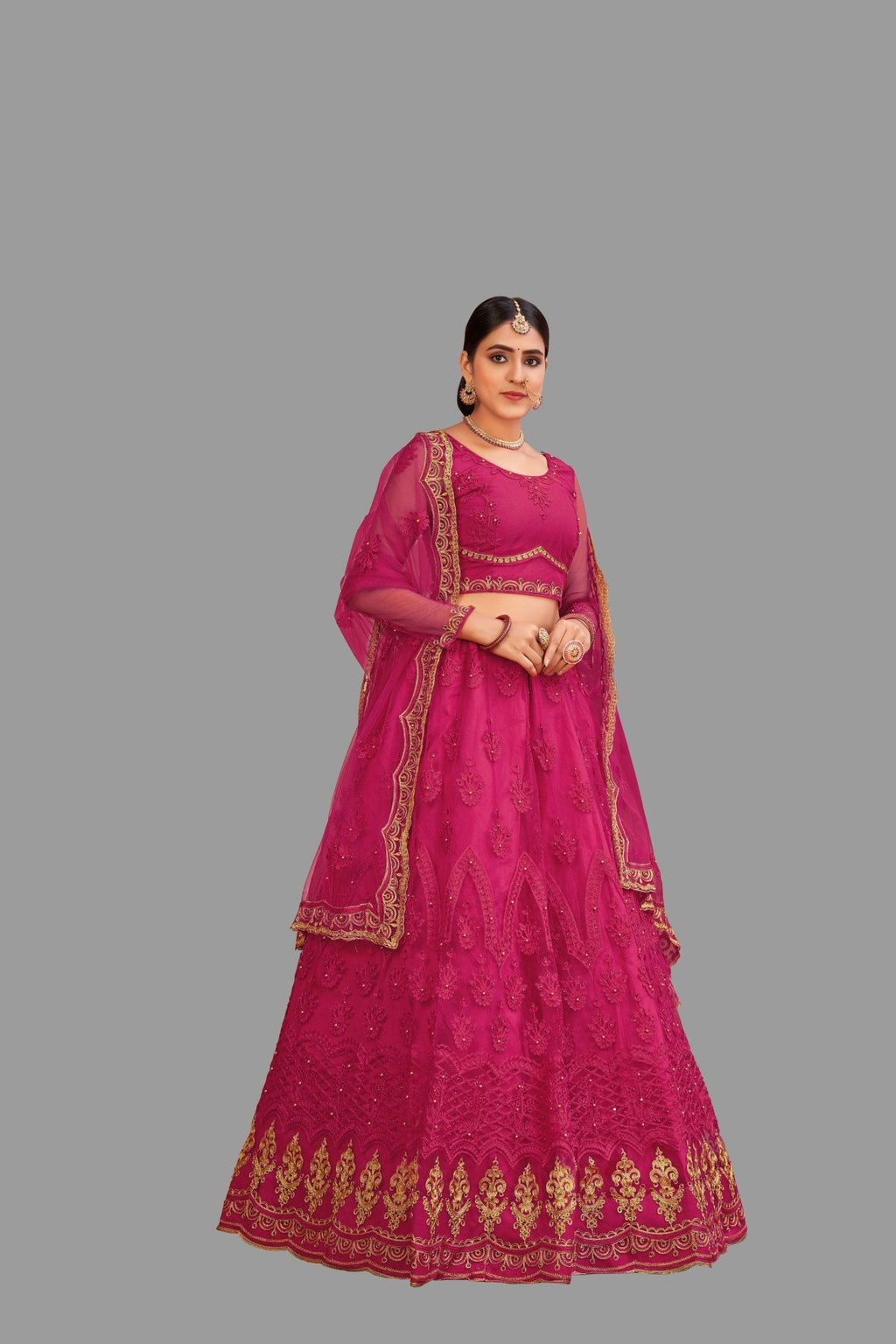 Jyoti Fashion Women's Pink Net Thread Embroidered Designer Lehenga Choli Set | Grocsy