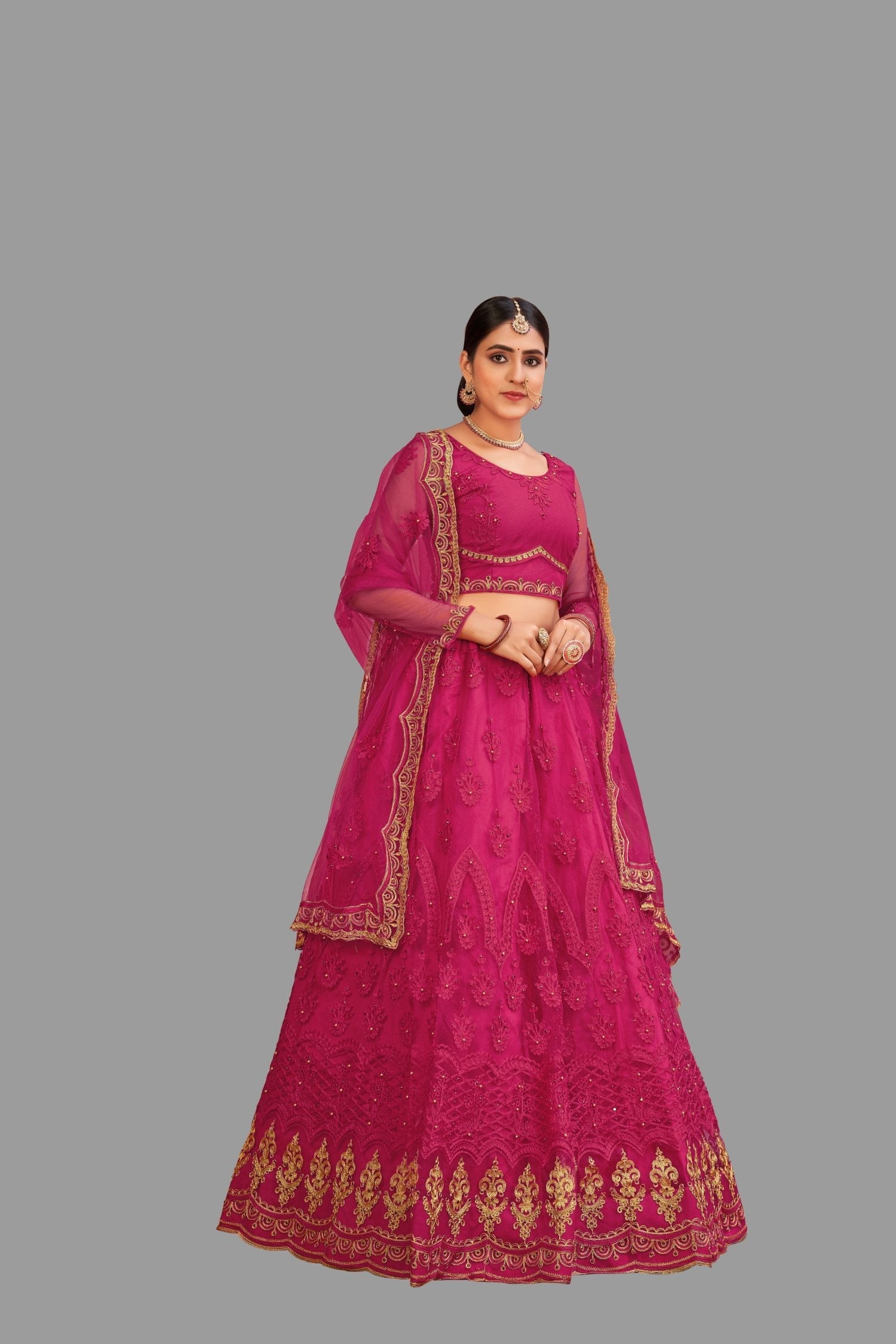 Jyoti Fashion Women's Pink Net Thread Embroidered Designer Lehenga Choli Set | Grocsy