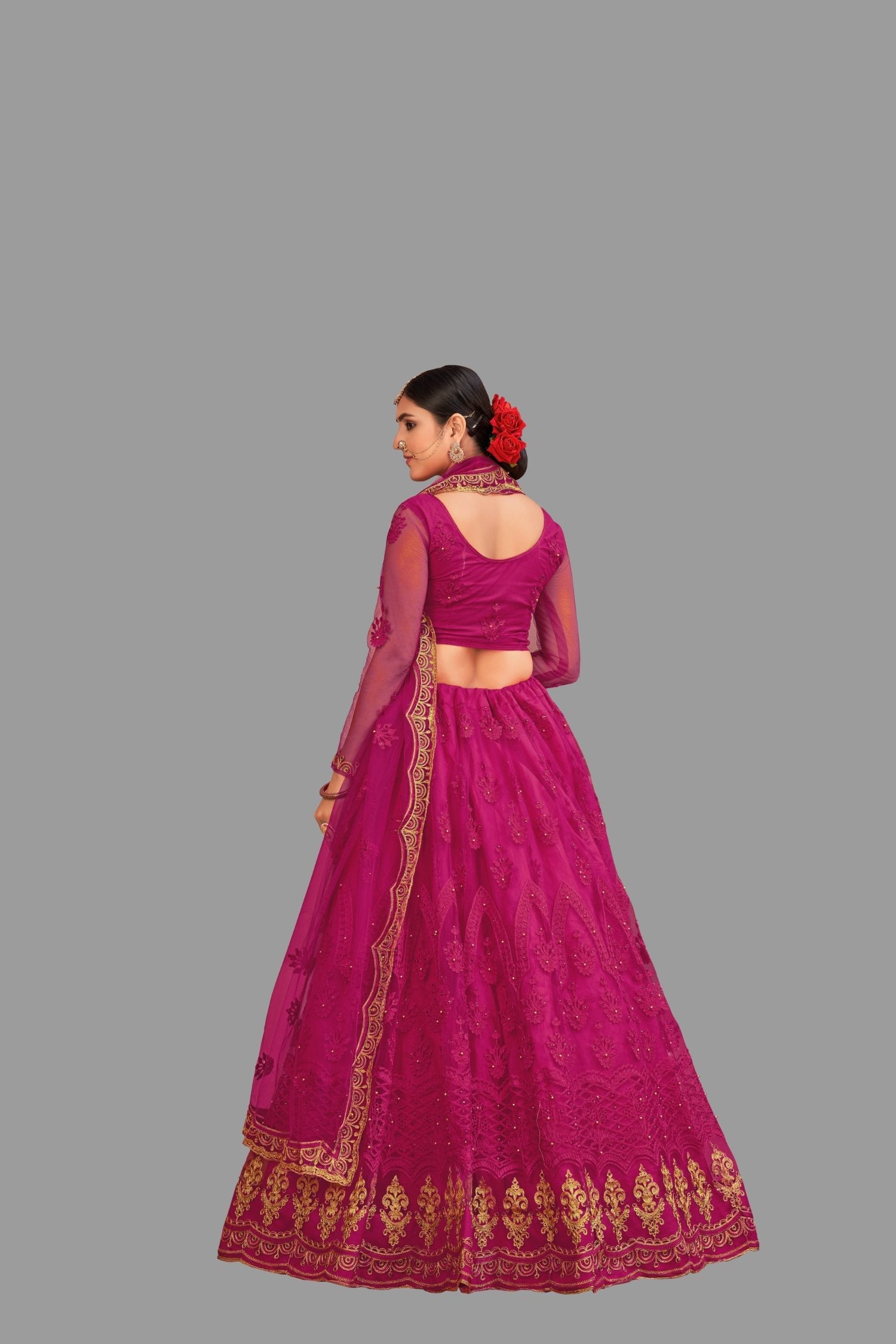 Jyoti Fashion Women's Pink Net Thread Embroidered Designer Lehenga Choli Set | Grocsy