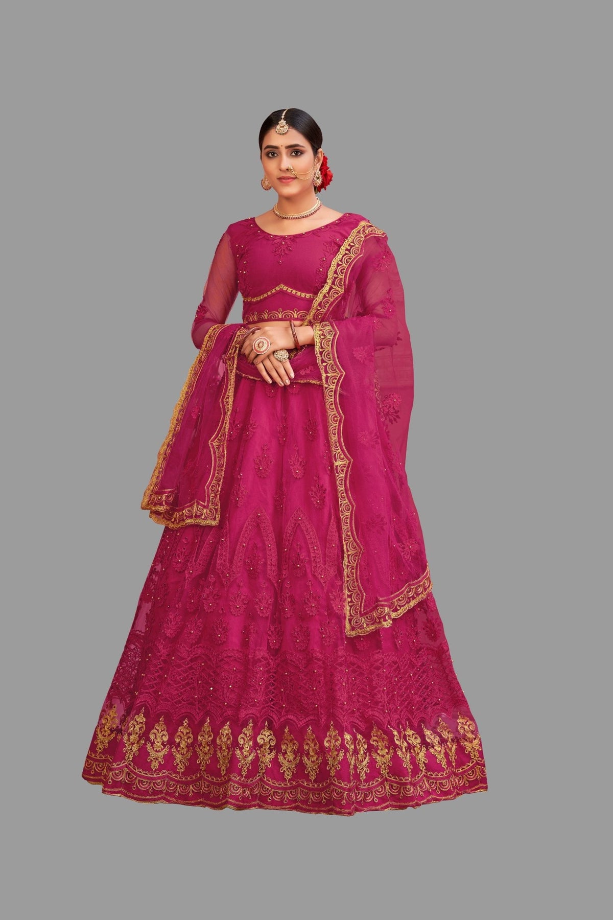 Jyoti Fashion Women's Pink Net Thread Embroidered Designer Lehenga Choli Set | Grocsy