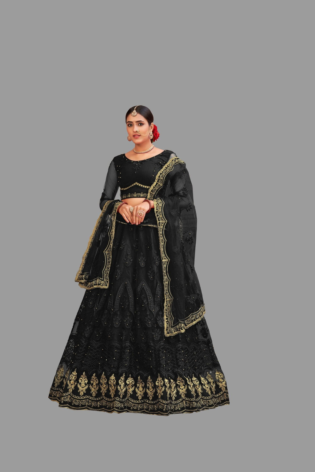 Jyoti Fashion Women's Black Net Thread Embroidered Designer Lehenga Choli Set | Grocsy