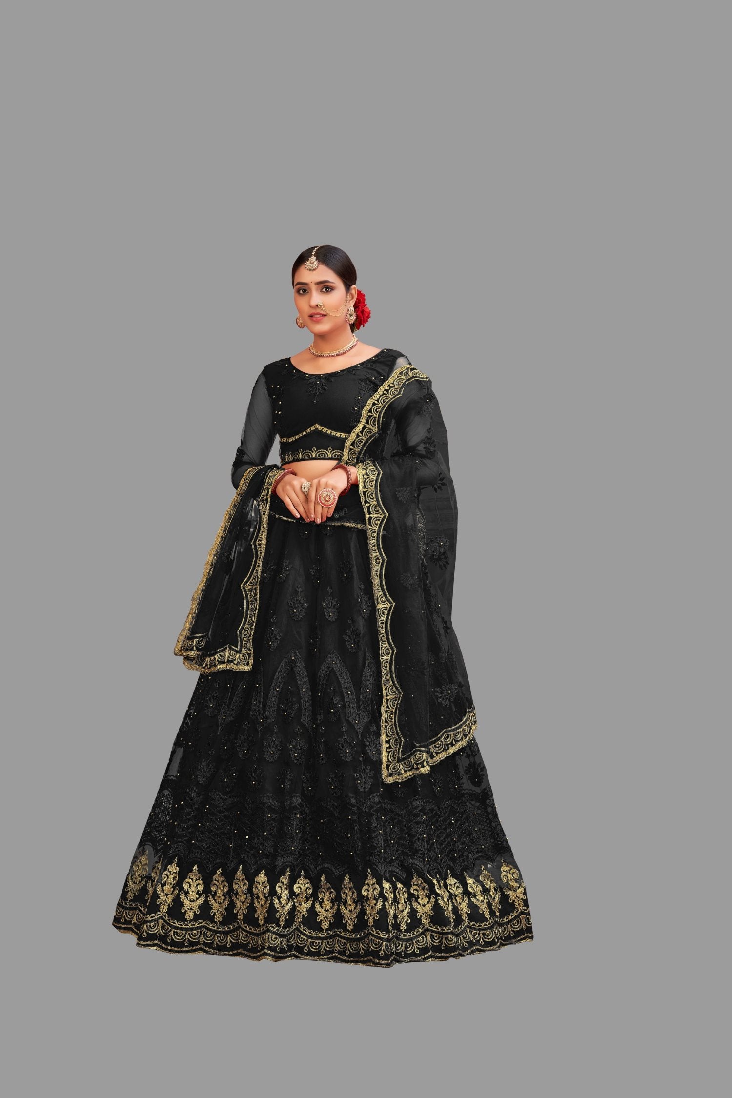 Jyoti Fashion Women's Black Net Thread Embroidered Designer Lehenga Choli Set | Grocsy