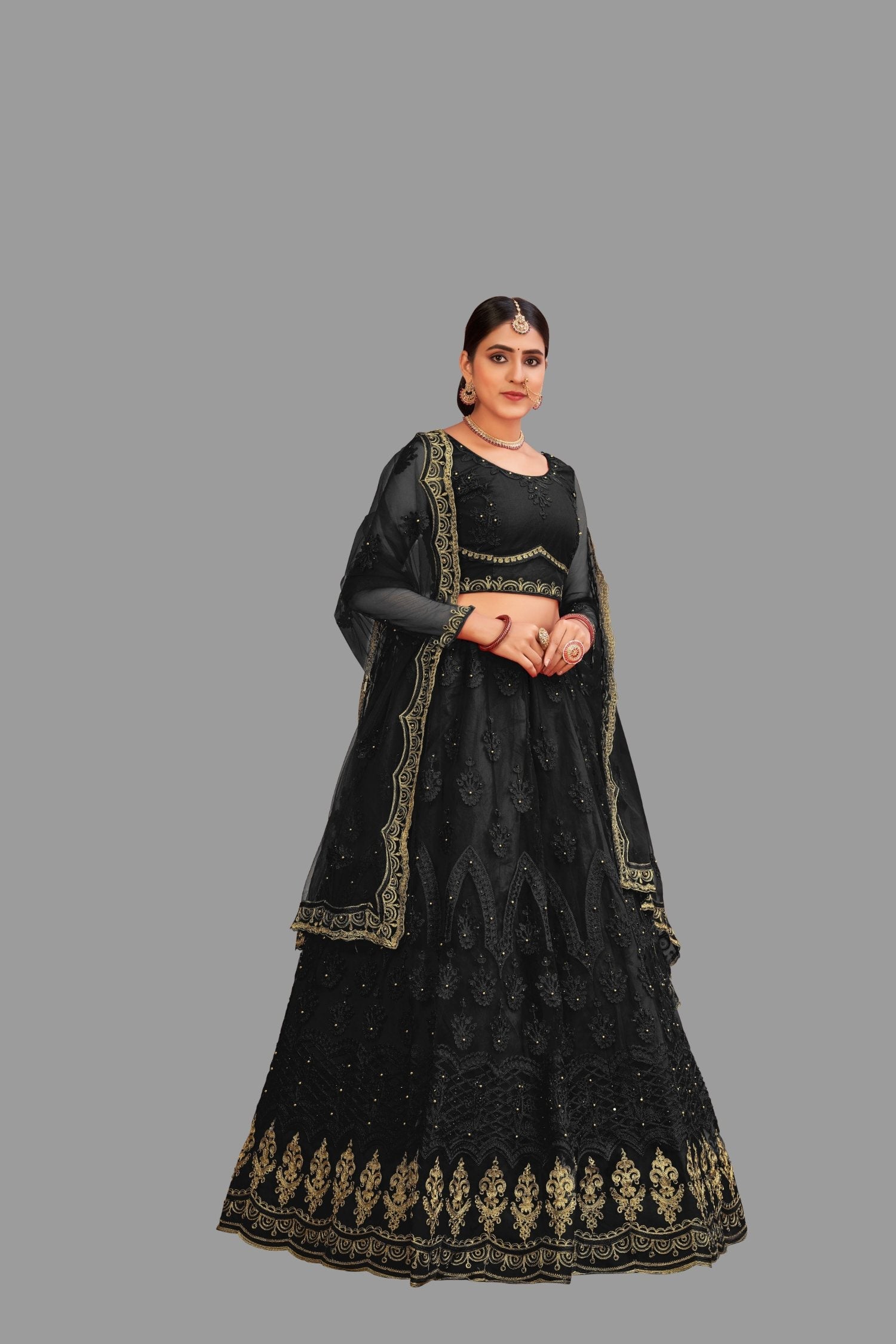 Jyoti Fashion Women's Black Net Thread Embroidered Designer Lehenga Choli Set | Grocsy
