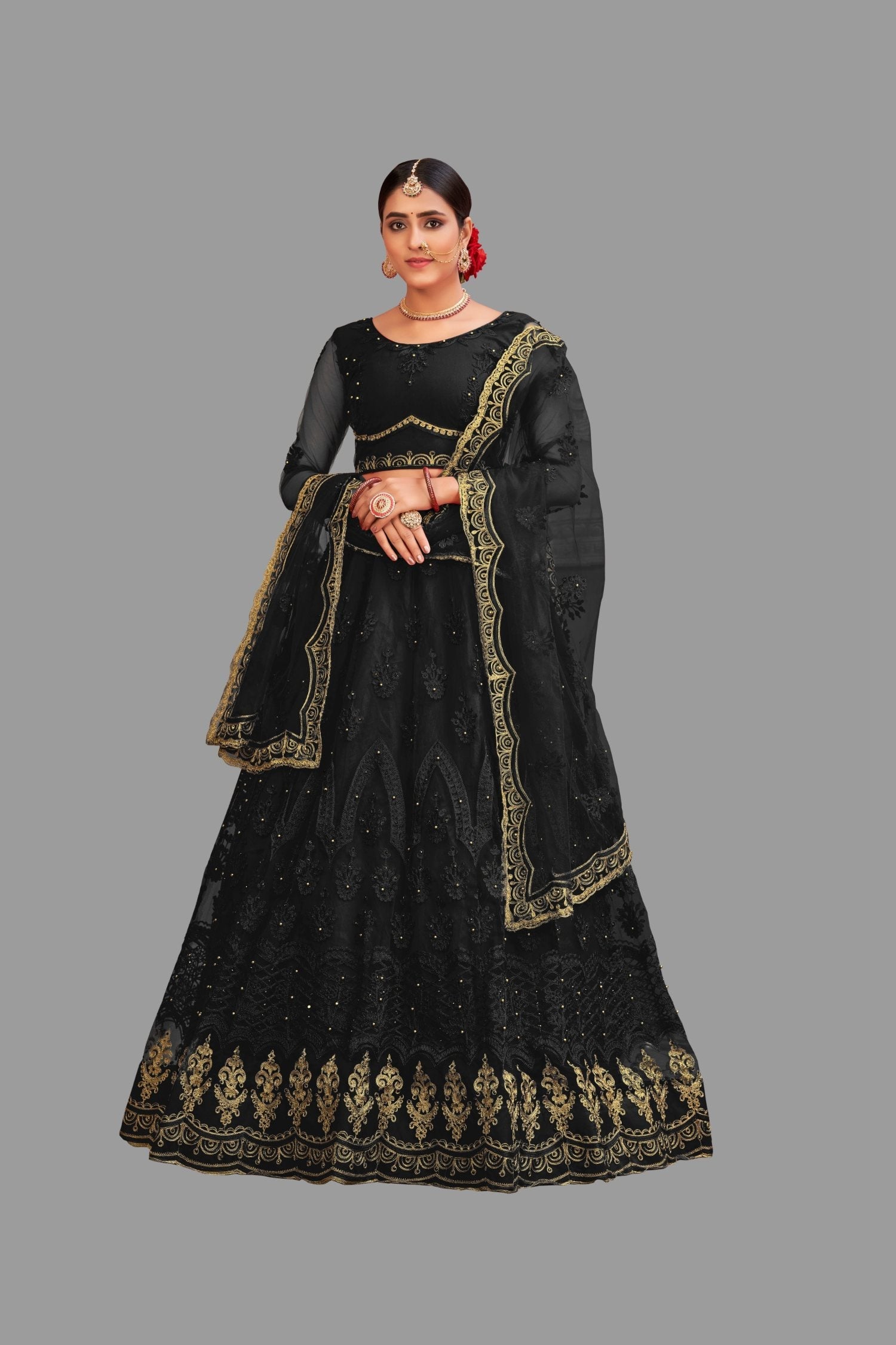 Jyoti Fashion Women's Black Net Thread Embroidered Designer Lehenga Choli Set | Grocsy