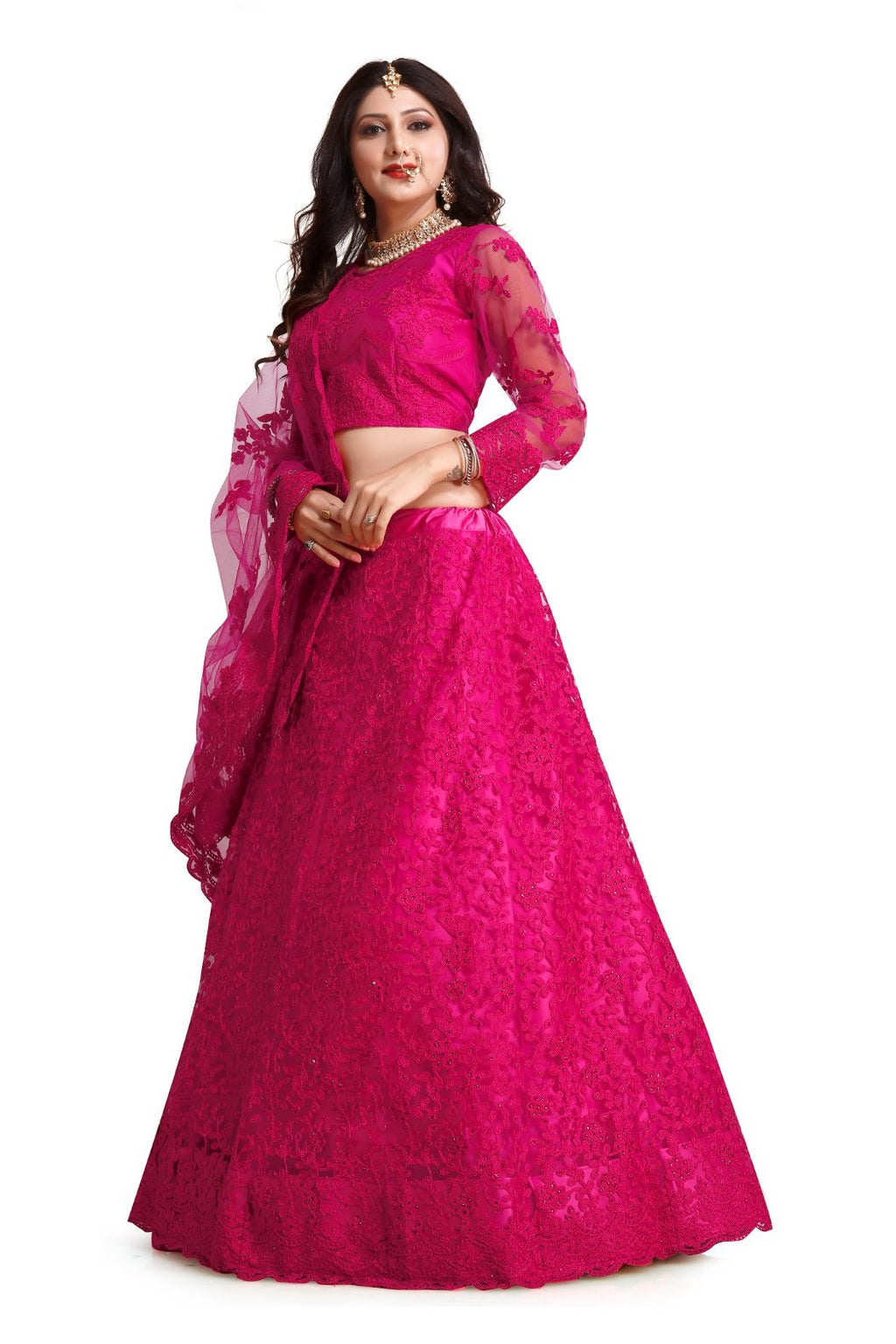 Jyoti Fashion Women's Dark Pink Net Thread Embroidered Designer Lehenga Choli Set | Grocsy