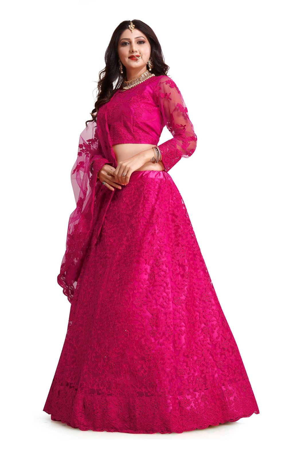 Jyoti Fashion Women's Dark Pink Net Thread Embroidered Designer Lehenga Choli Set | Grocsy