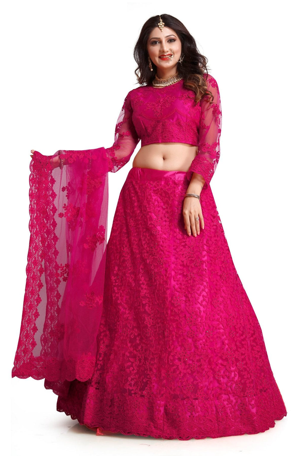 Jyoti Fashion Women's Dark Pink Net Thread Embroidered Designer Lehenga Choli Set | Grocsy
