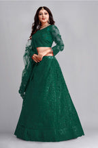 Jyoti Fashion Women's Dark Green Net Thread Embroidered Designer Lehenga Choli Set | Grocsy