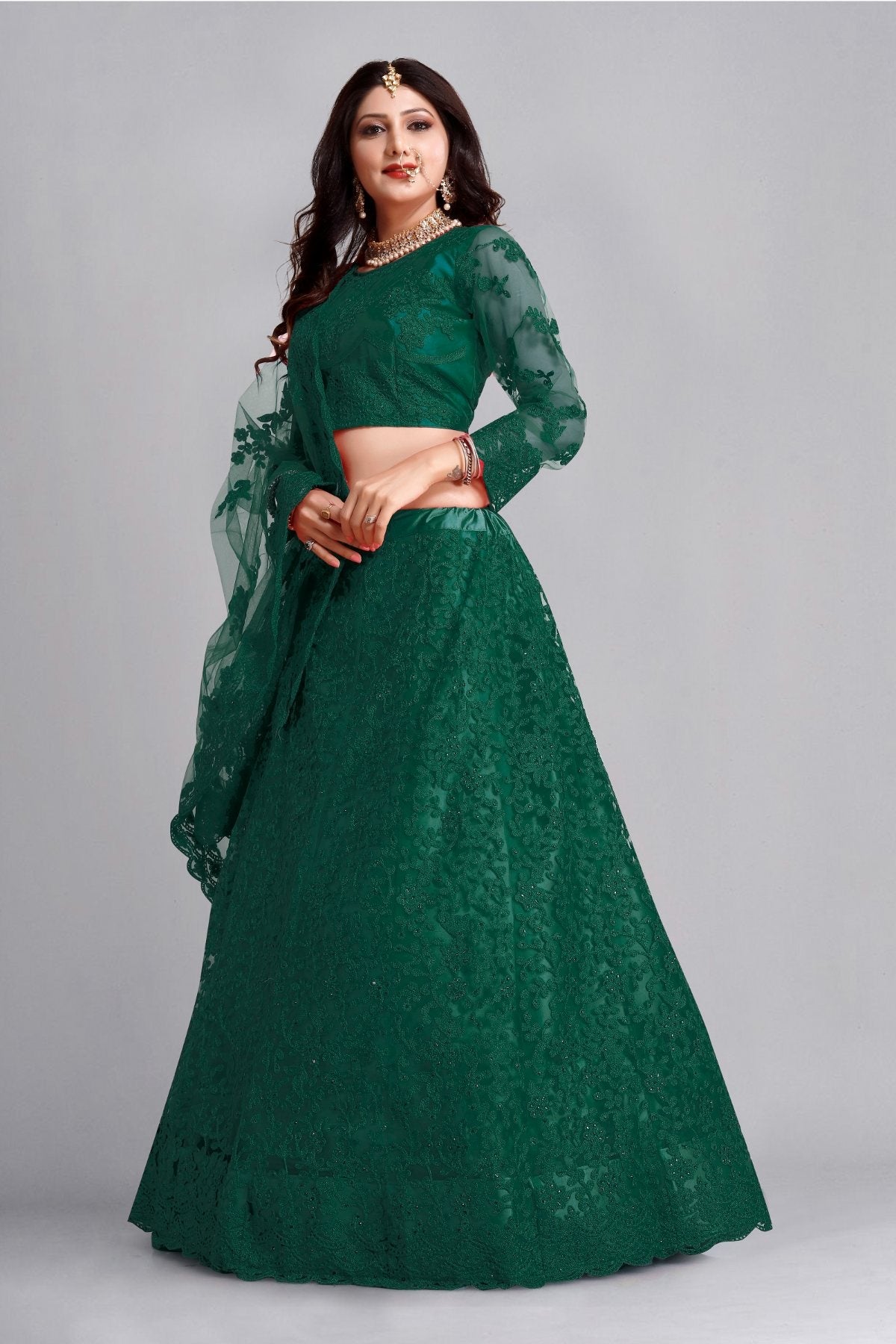 Jyoti Fashion Women's Dark Green Net Thread Embroidered Designer Lehenga Choli Set | Grocsy