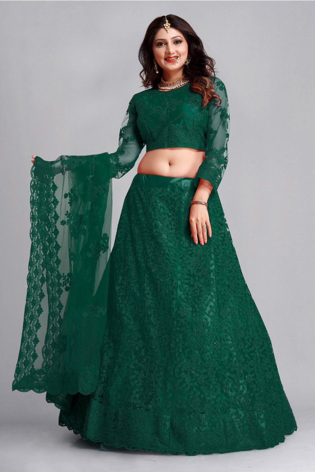 Jyoti Fashion Women's Dark Green Net Thread Embroidered Designer Lehenga Choli Set | Grocsy
