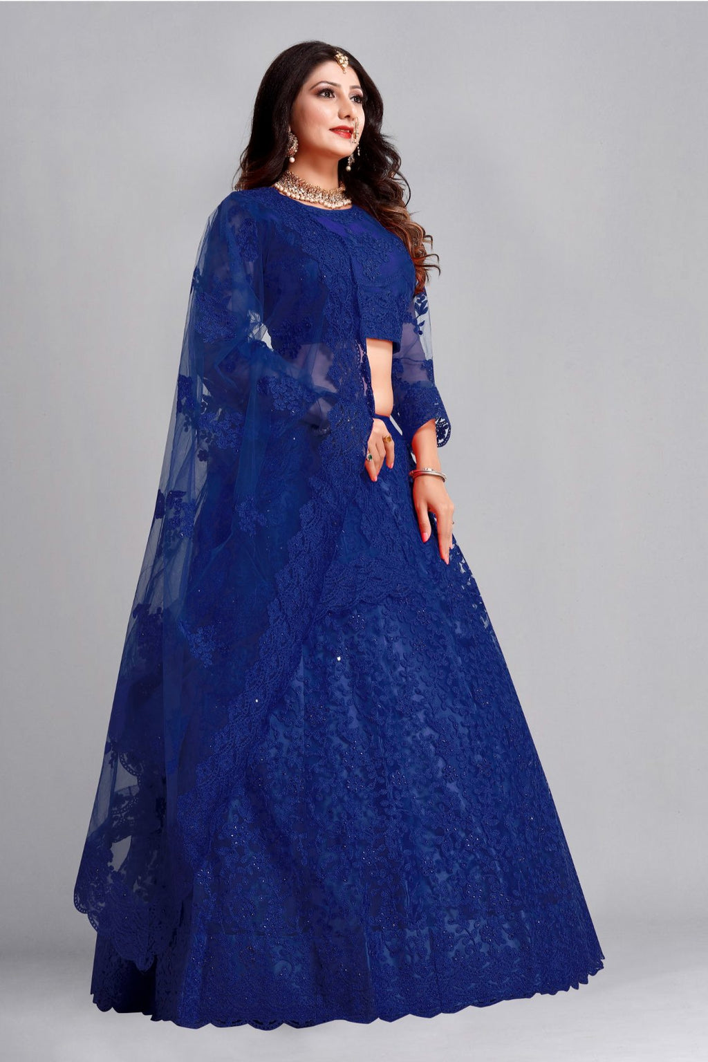 Jyoti Fashion Women's Blue Net Thread Embroidered Designer Lehenga Choli Set | Grocsy