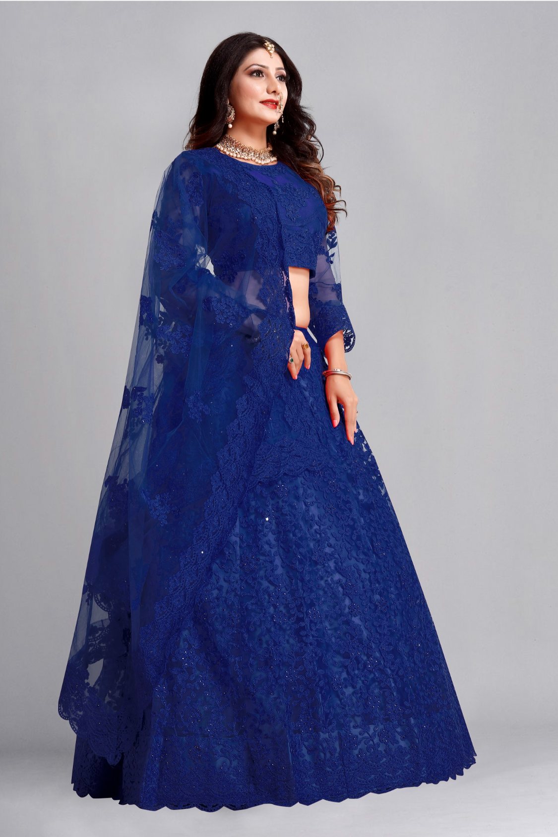 Jyoti Fashion Women's Blue Net Thread Embroidered Designer Lehenga Choli Set | Grocsy