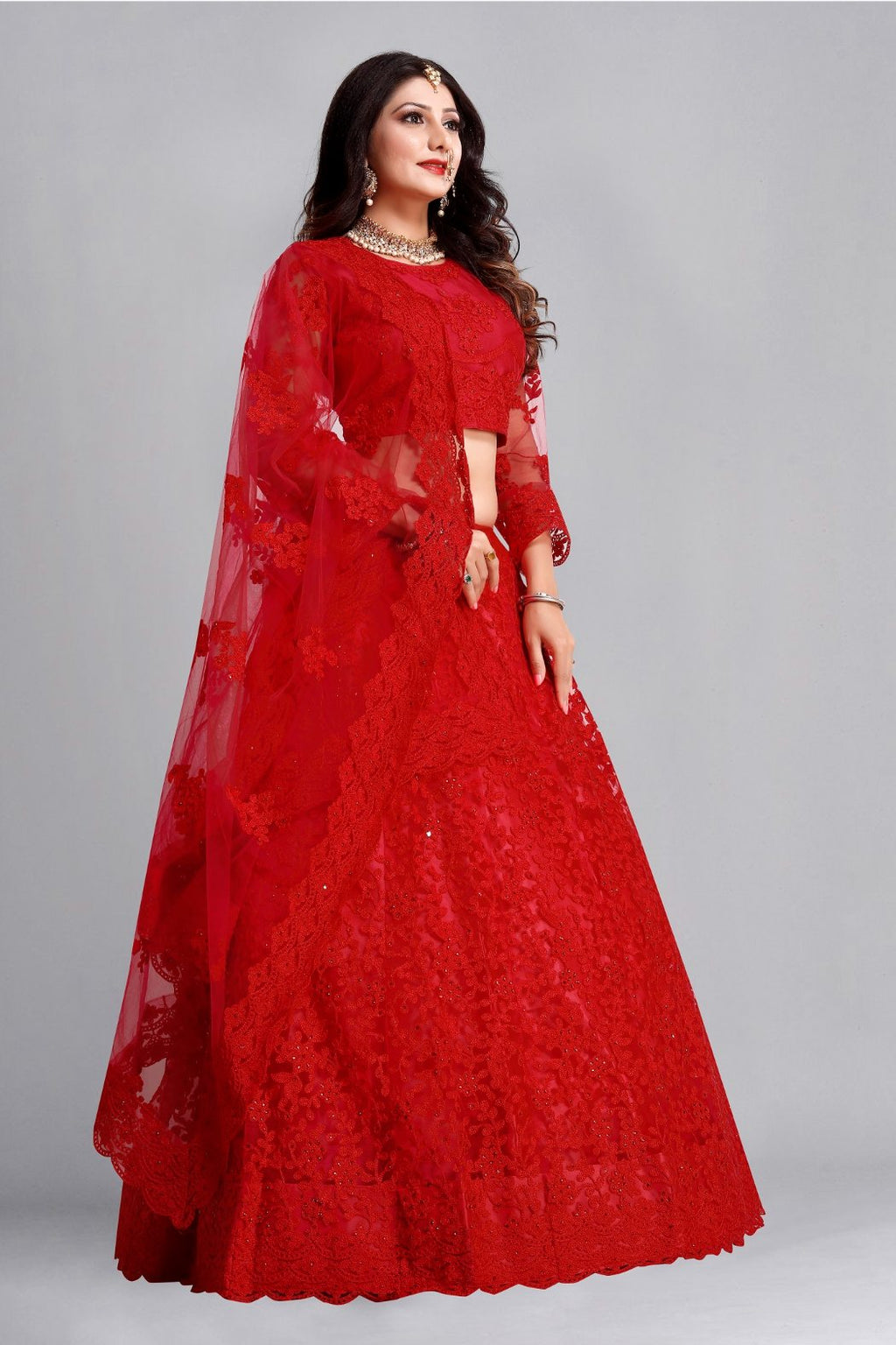 Jyoti Fashion Women's Red Net Thread Embroidered Designer Lehenga Choli Set | Grocsy