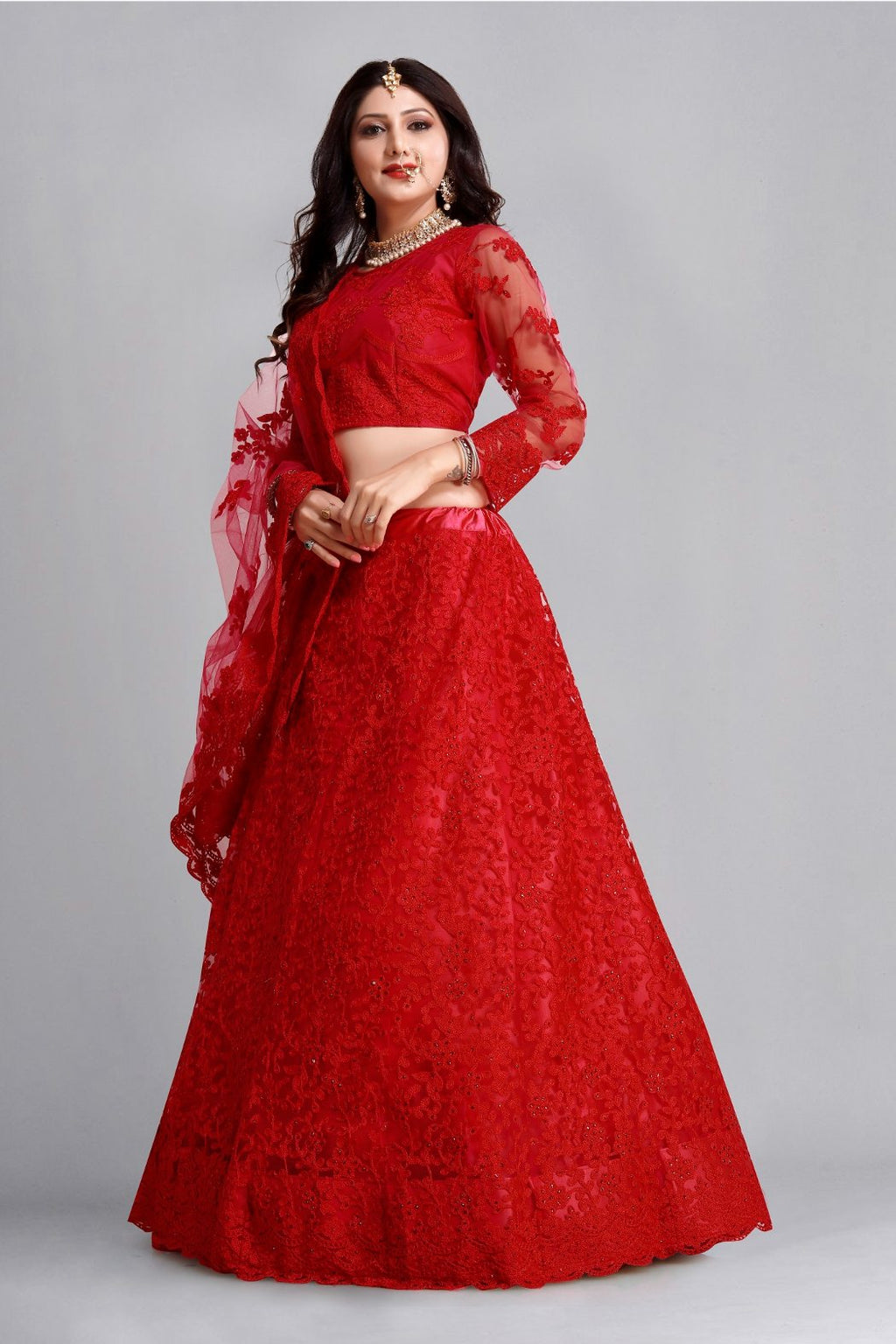 Jyoti Fashion Women's Red Net Thread Embroidered Designer Lehenga Choli Set | Grocsy
