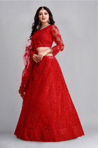 Jyoti Fashion Women's Red Net Thread Embroidered Designer Lehenga Choli Set | Grocsy