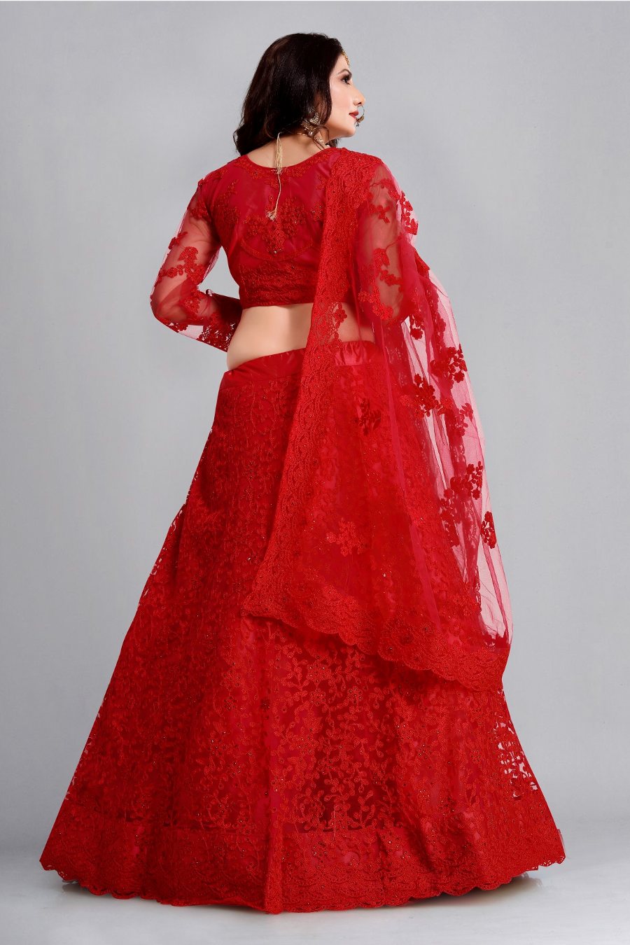 Jyoti Fashion Women's Red Net Thread Embroidered Designer Lehenga Choli Set | Grocsy