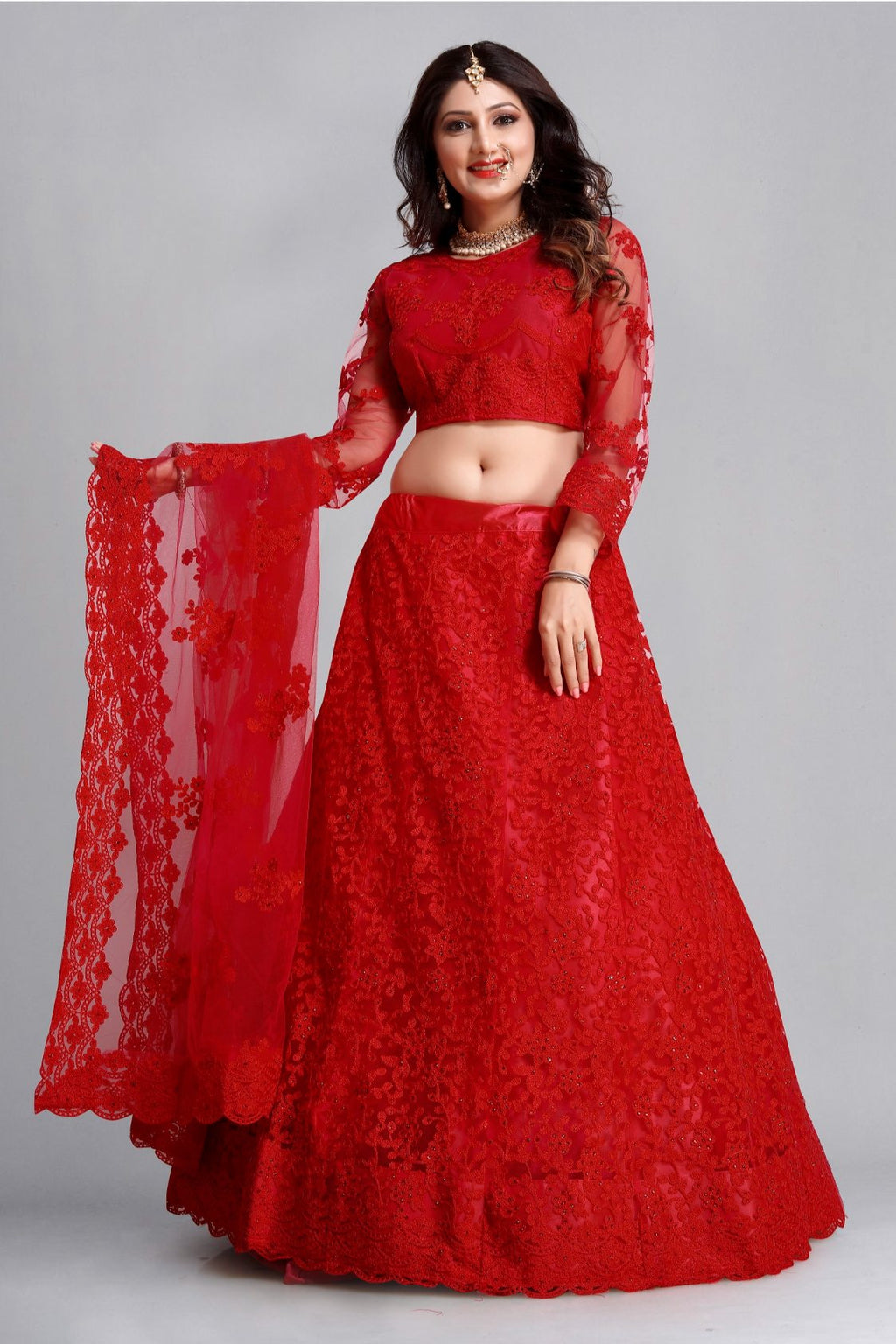 Jyoti Fashion Women's Red Net Thread Embroidered Designer Lehenga Choli Set | Grocsy
