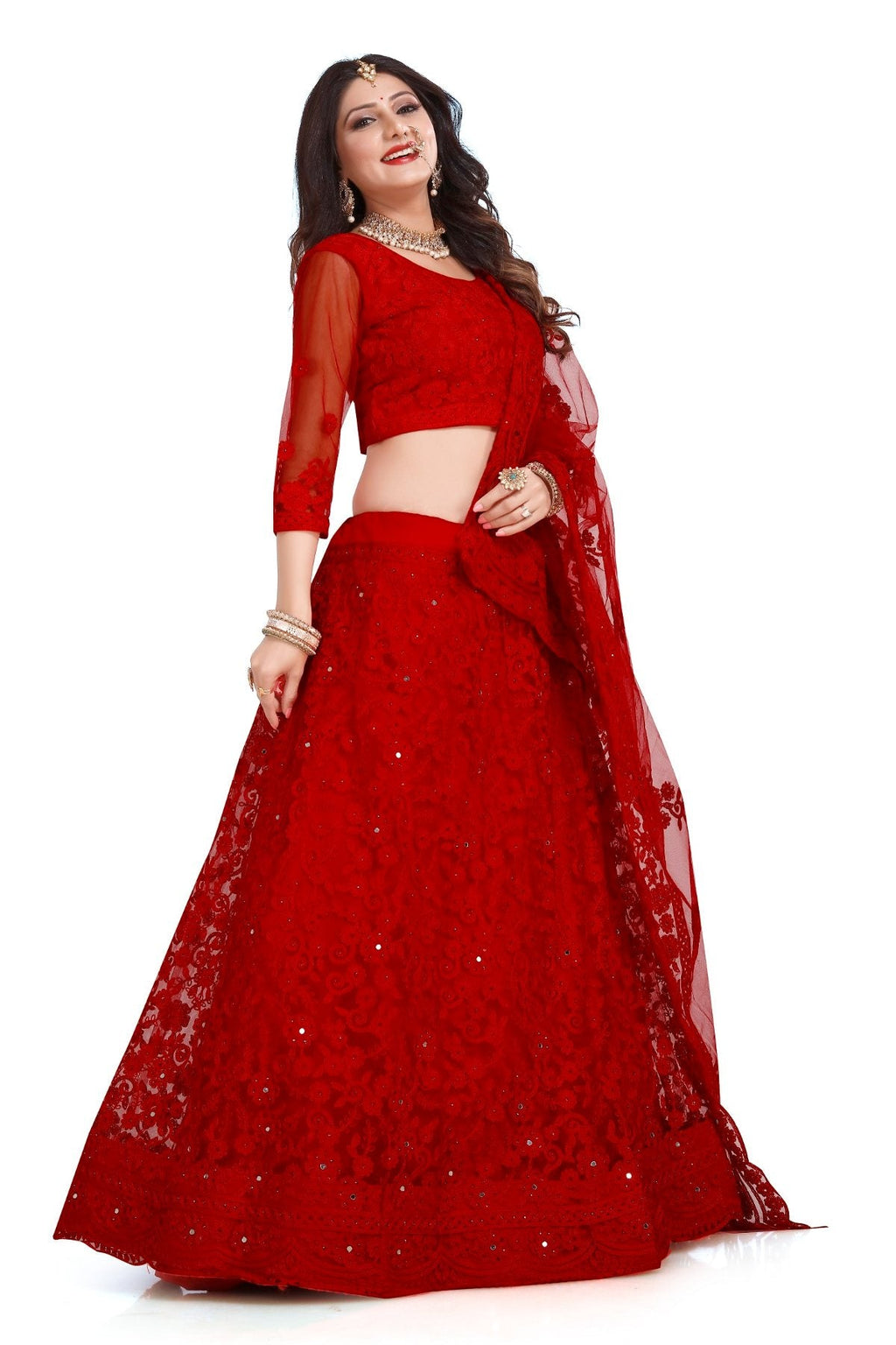 Jyoti Fashion Women's Red Net Thread Embroidered Designer Lehenga Choli Set | Grocsy