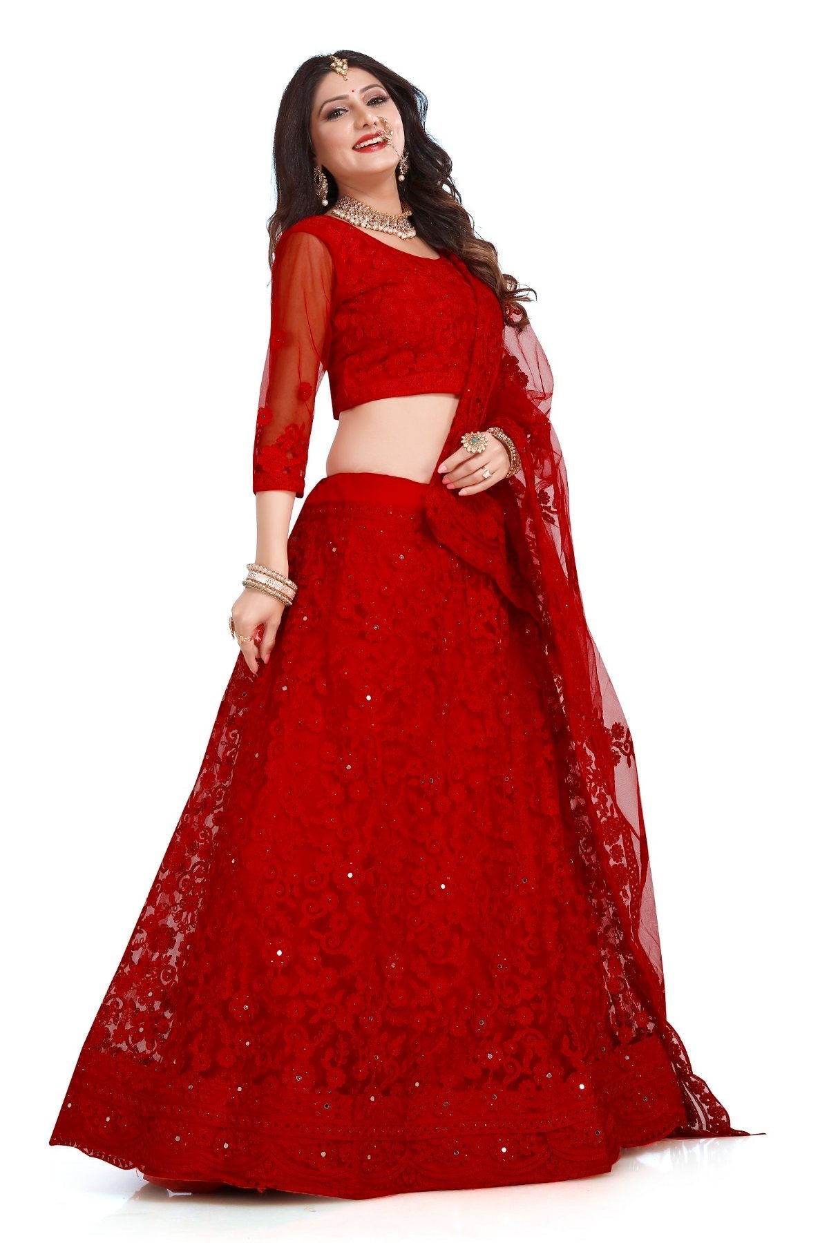 Jyoti Fashion Women's Red Net Thread Embroidered Designer Lehenga Choli Set | Grocsy