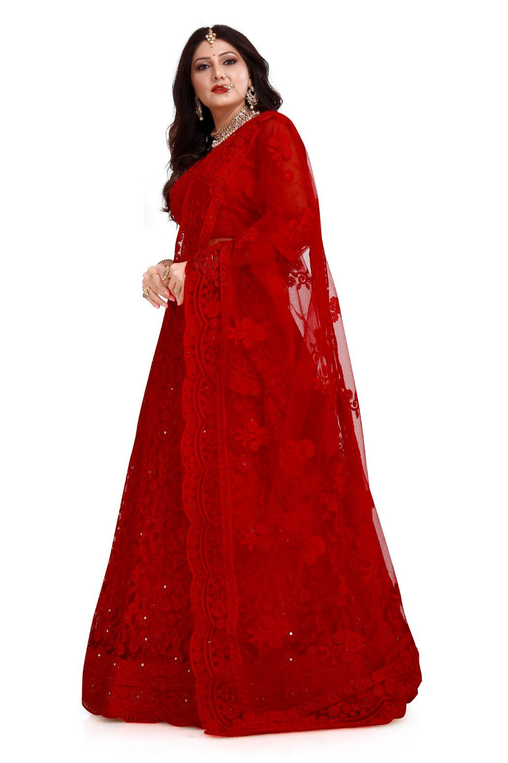 Jyoti Fashion Women's Red Net Thread Embroidered Designer Lehenga Choli Set | Grocsy