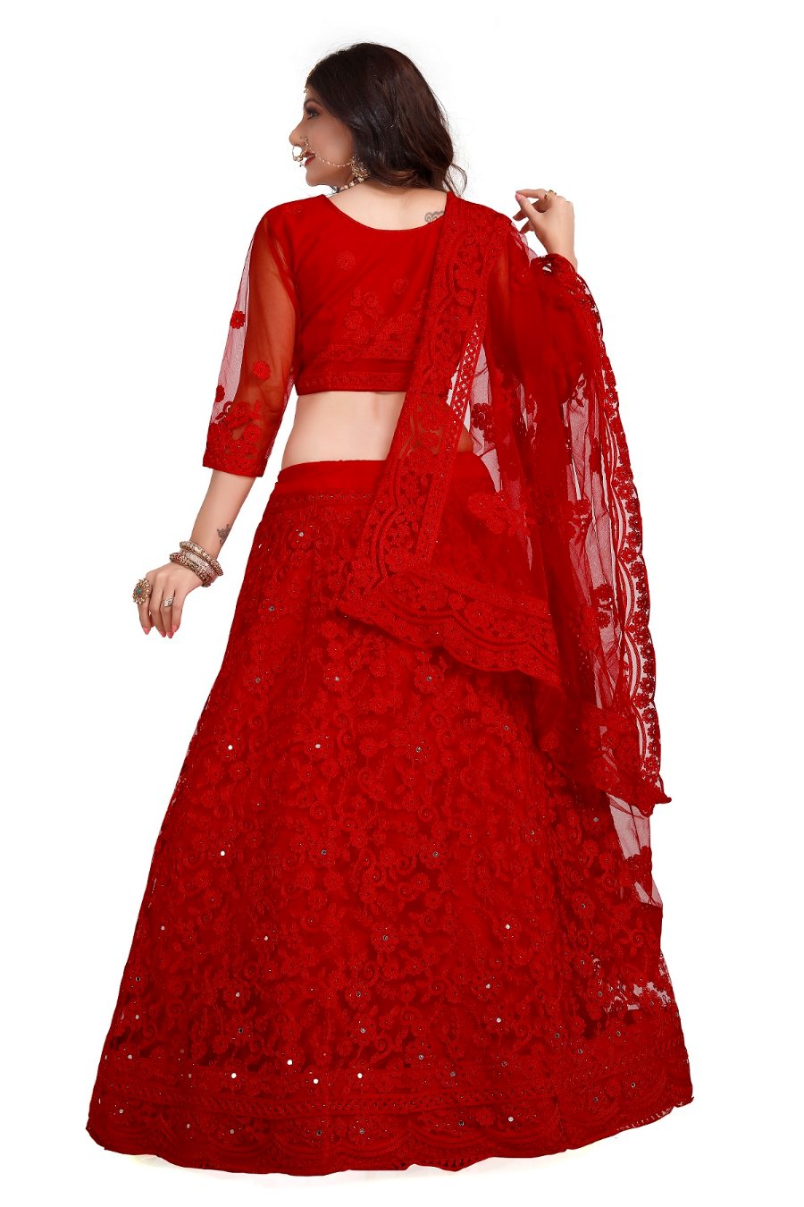 Jyoti Fashion Women's Red Net Thread Embroidered Designer Lehenga Choli Set | Grocsy