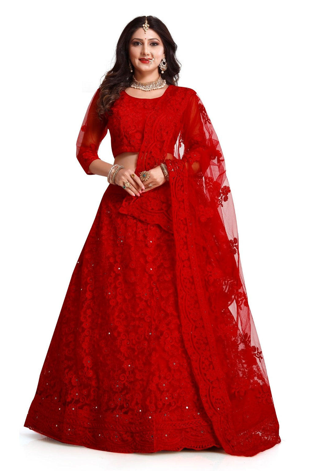 Jyoti Fashion Women's Red Net Thread Embroidered Designer Lehenga Choli Set | Grocsy