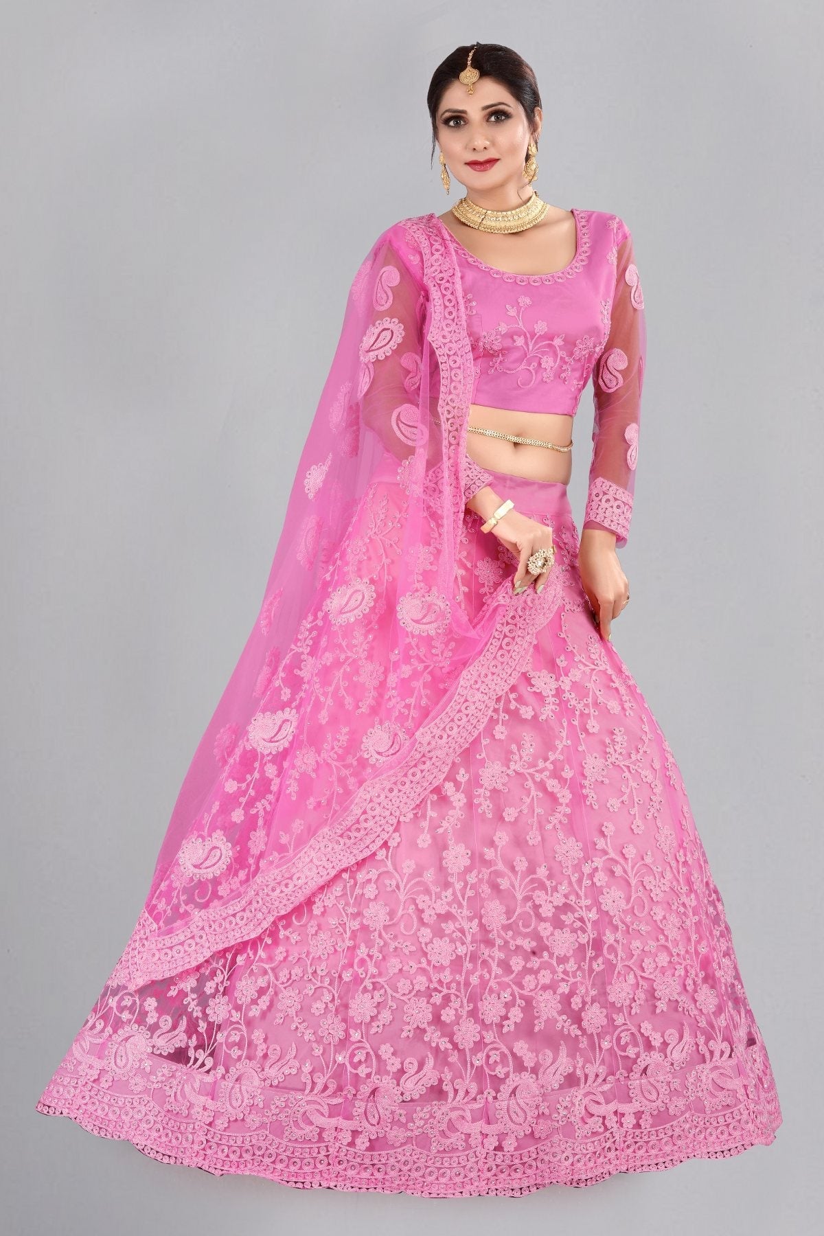 Jyoti Fashion Women's Baby Pink Net Thread Embroidered Designer Lehenga Choli Set | Grocsy