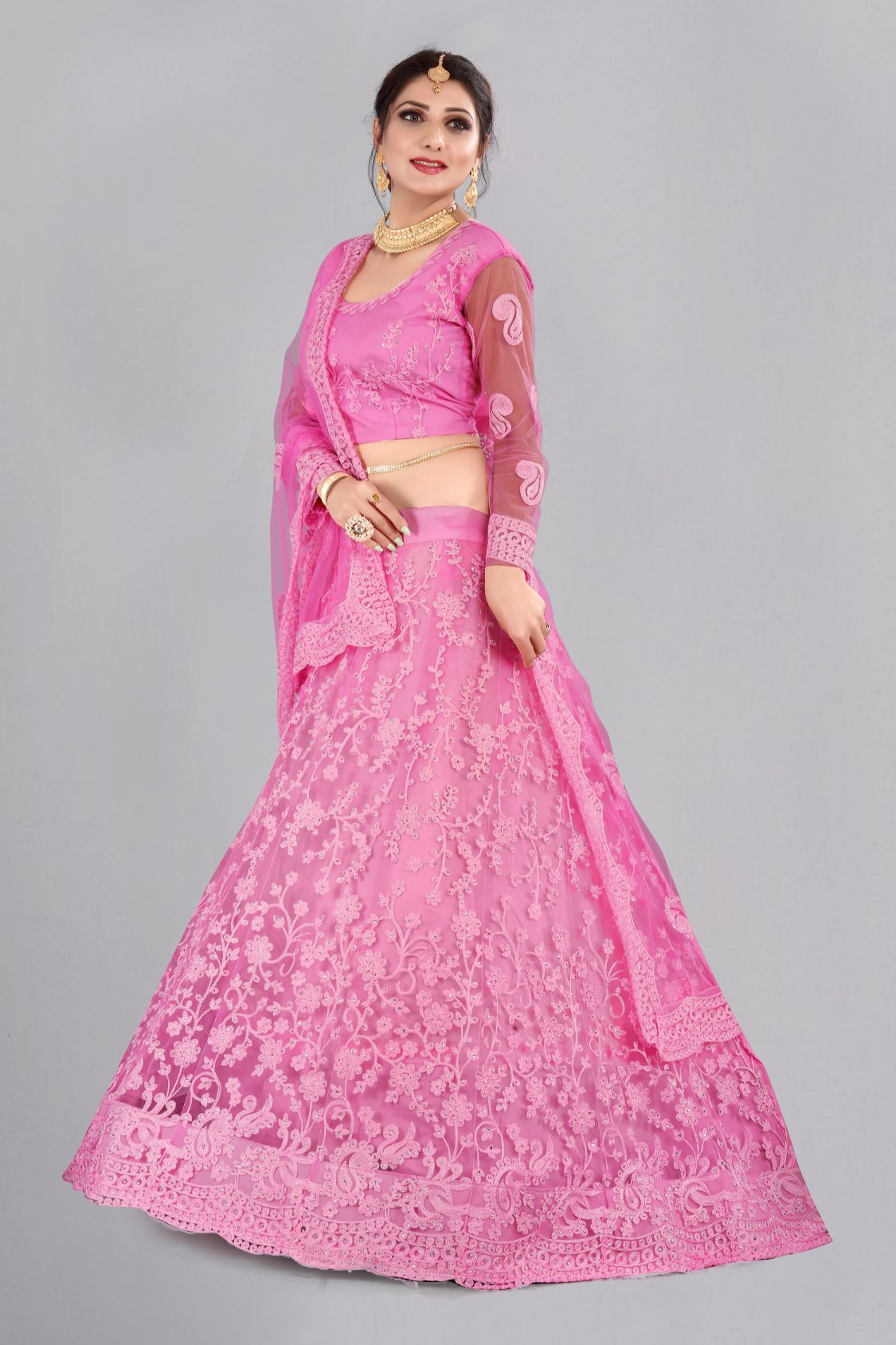 Jyoti Fashion Women's Baby Pink Net Thread Embroidered Designer Lehenga Choli Set | Grocsy